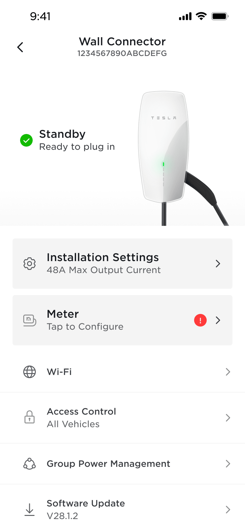 Tesla app screen showing meter configuration setting for Wall connetor