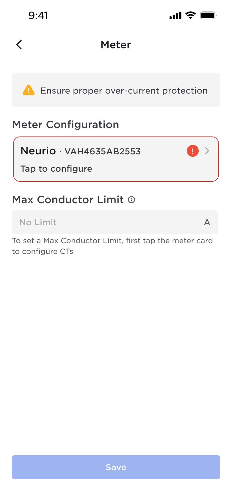 Tesla app screen showing steps for meter configuration for Wall Connector