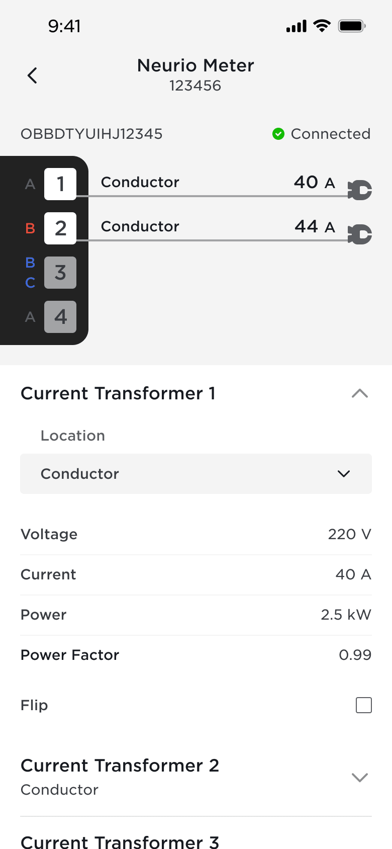Tesla app screen showing Current Transformer settings