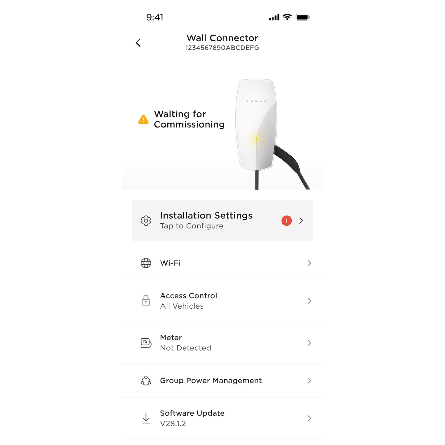 Tesla app screen showing installation settings for Wall Connector