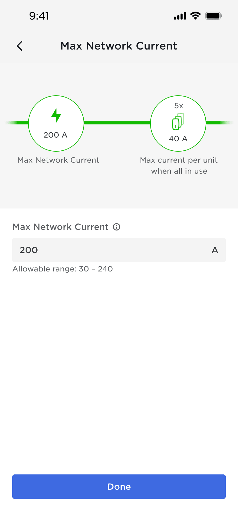 Tesla app screen showing max network current