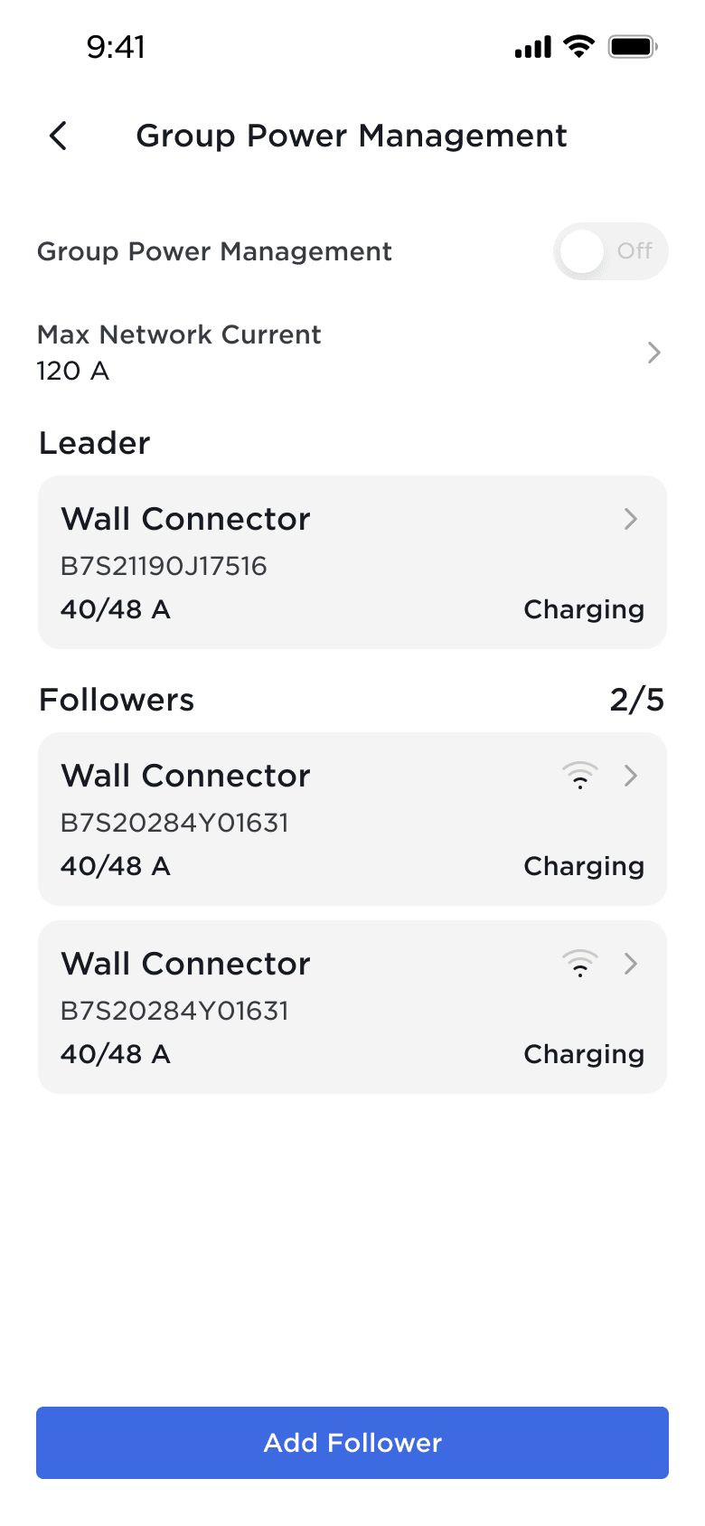 Tesla app screen showing leader and followers for Wall Connector