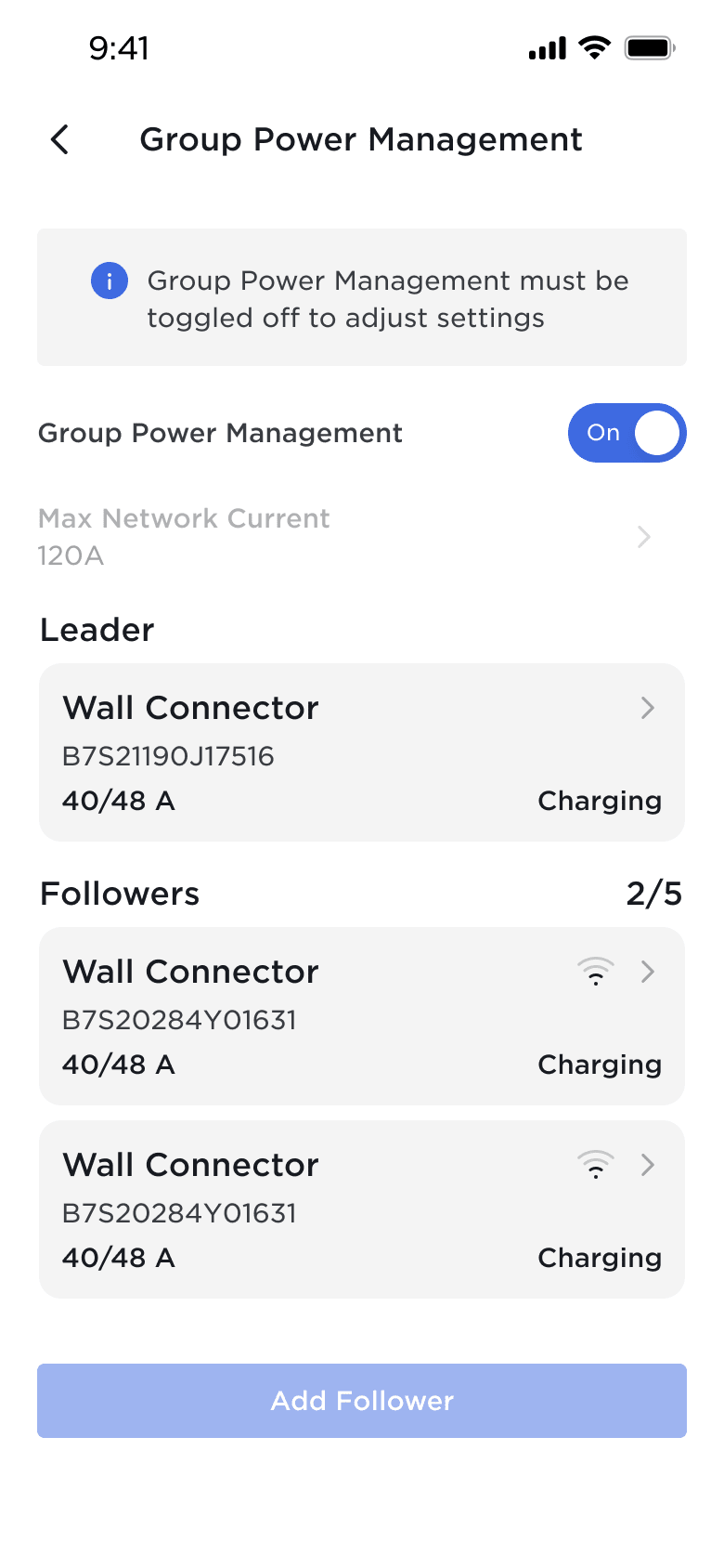 Tesla app screen showing Group Power Management setting