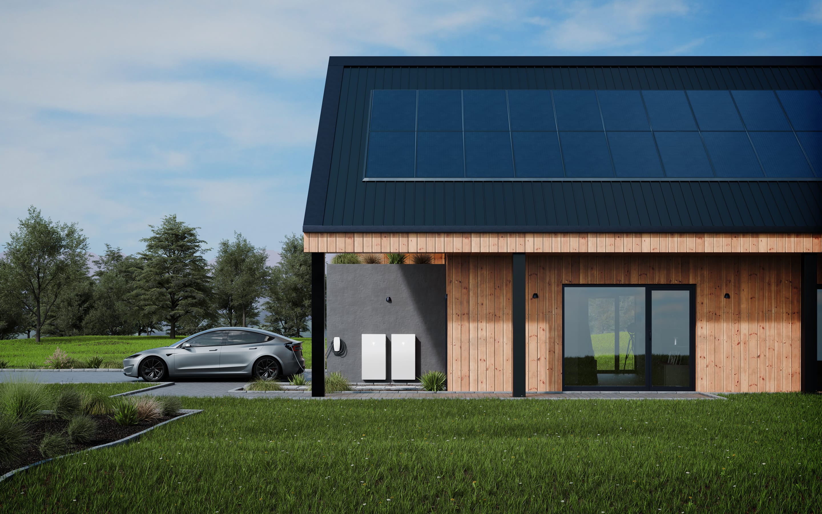 Red Multi-Coat Model S charging in the driveway via Gen 3 Wall Connector