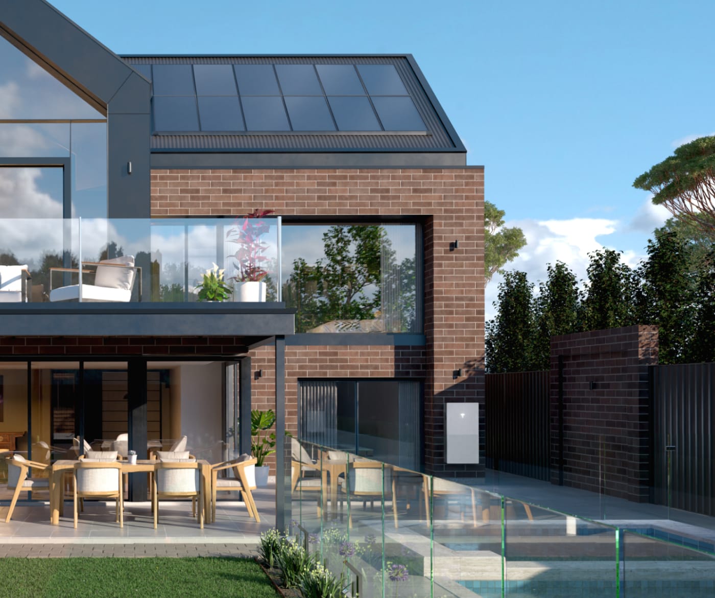View of a home with solar and Powerwall installed and a backyard covered in snow