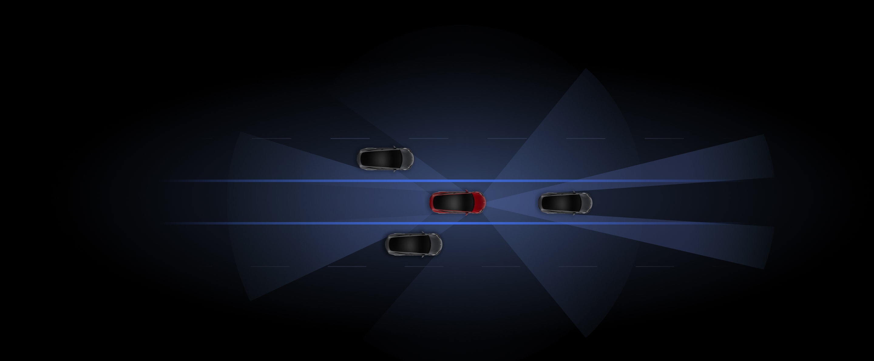 Representación de vehículos Tesla gris y rojo utilizando funciones del piloto automático. 
