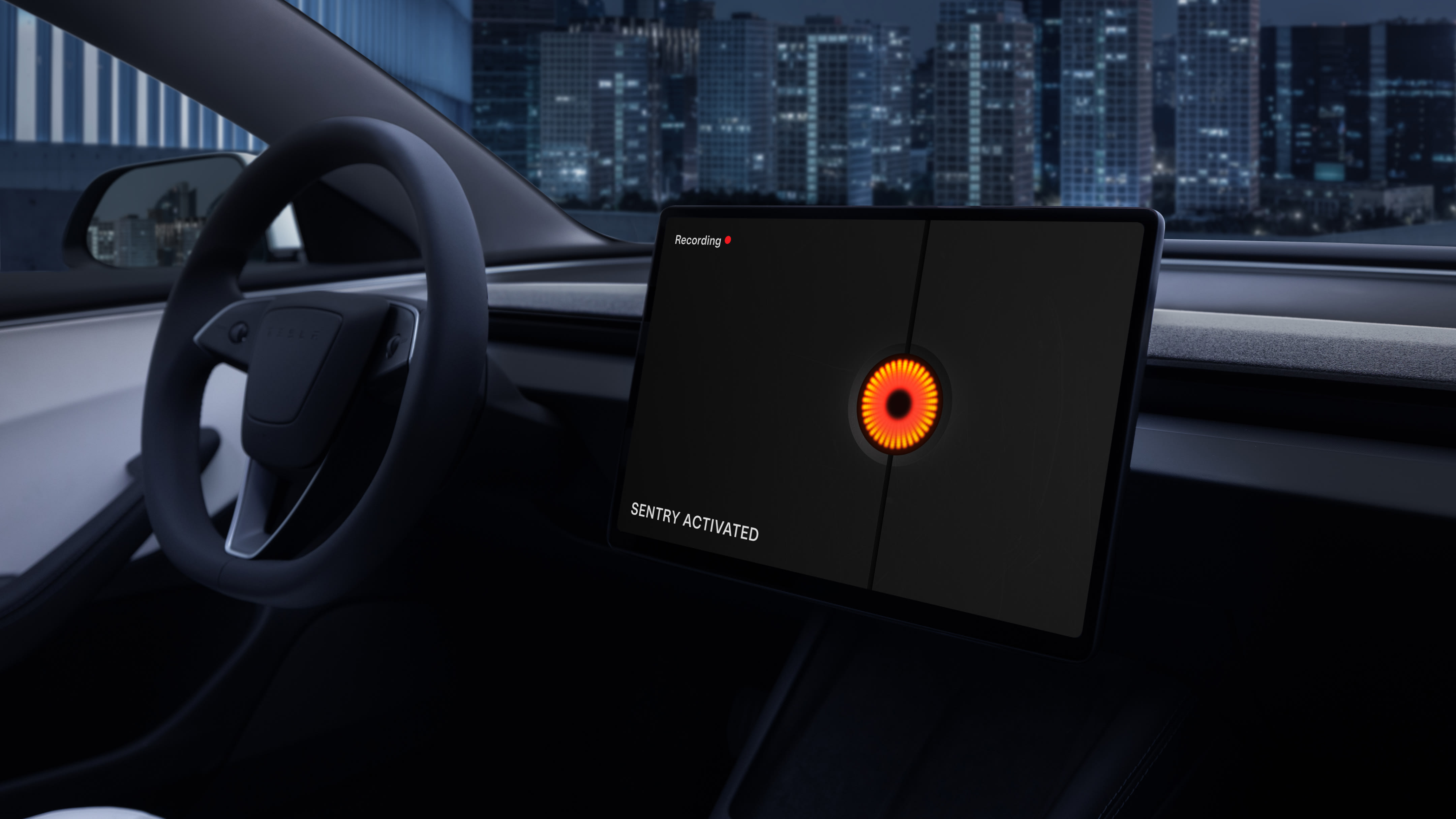 מסך מגע מרכזי המציג 'Sentry Started' והקלטה.