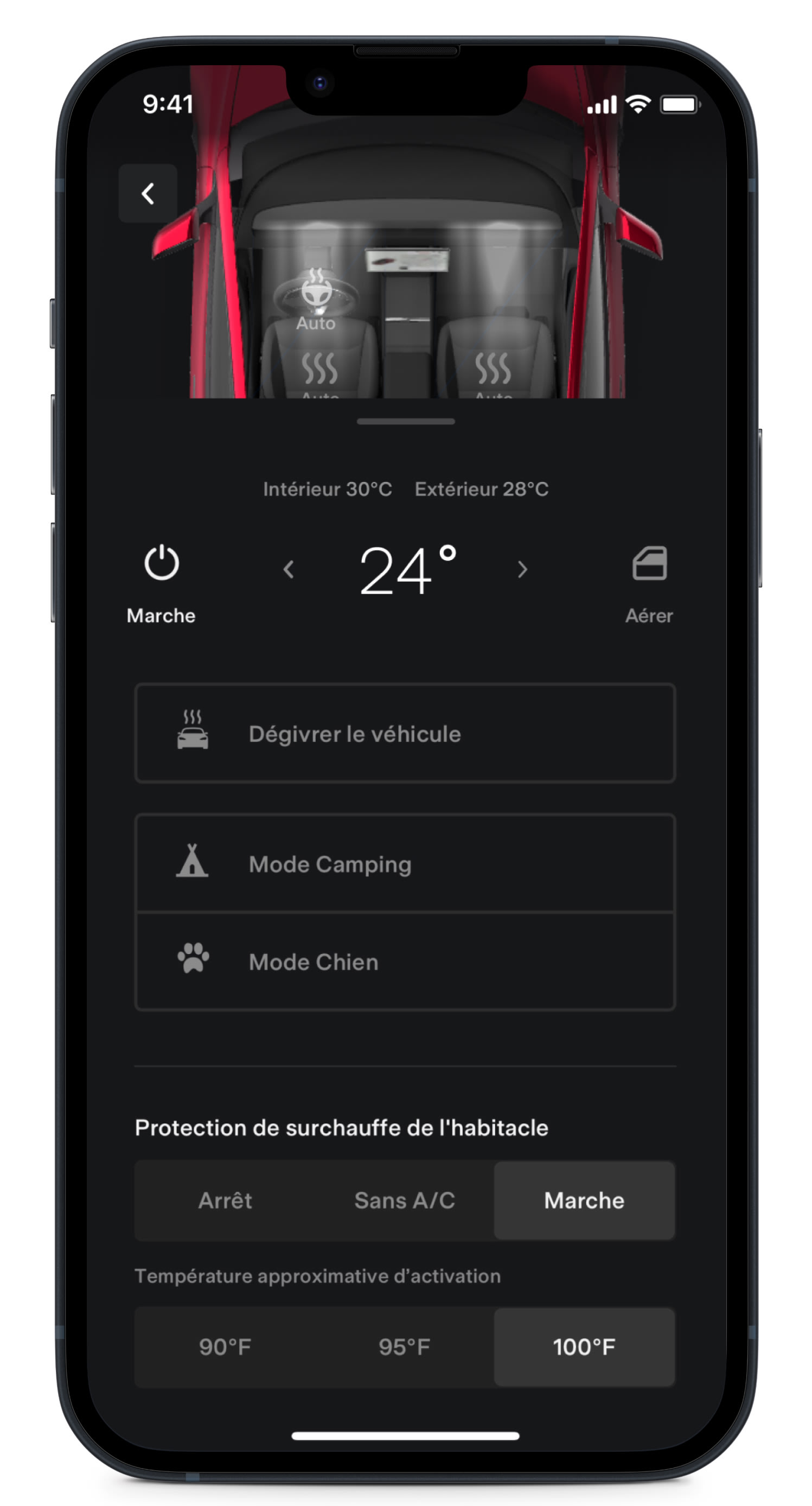 Écran de l'application Tesla affichant les commandes de climatisation de l'habitacle. 