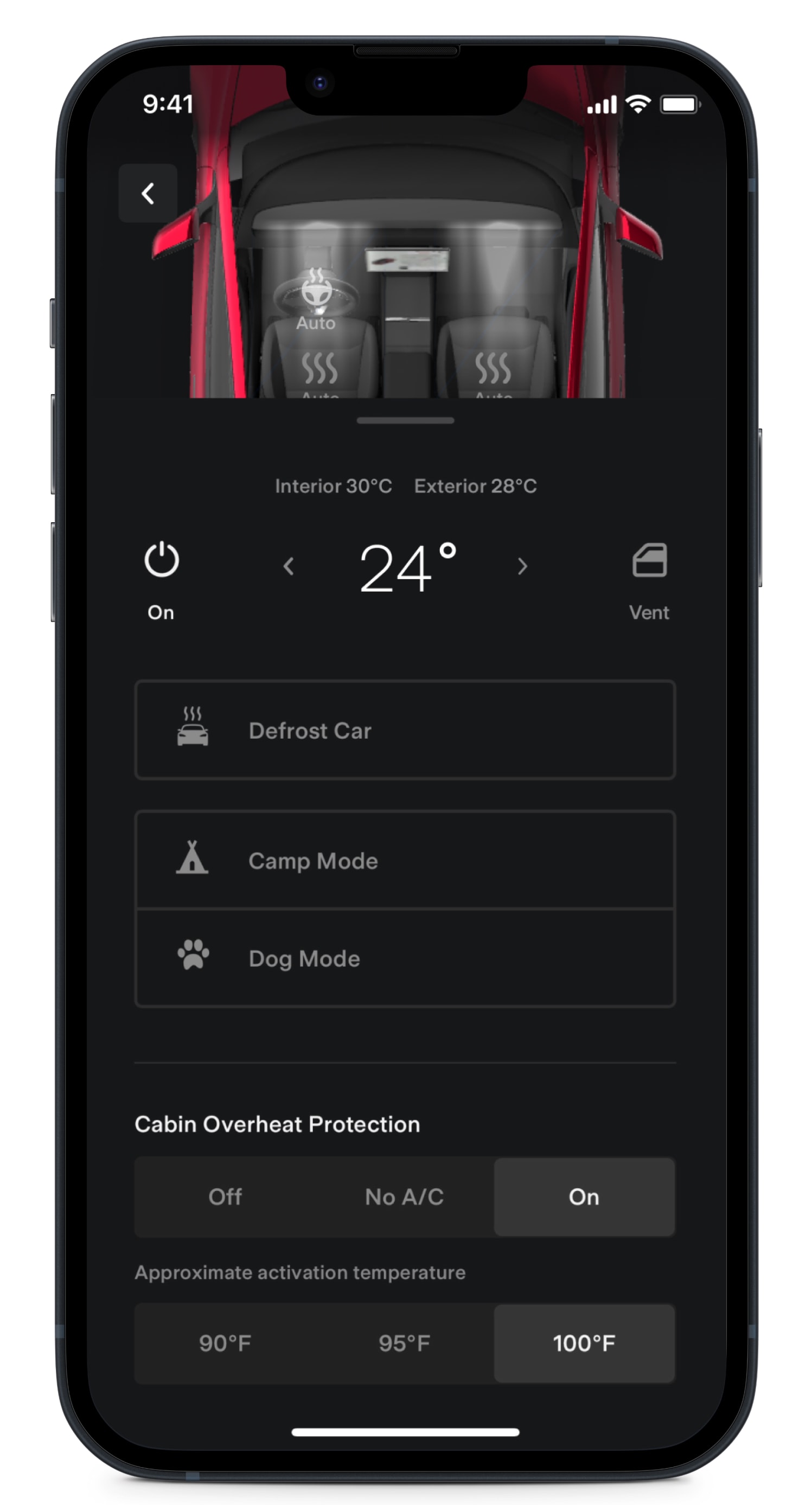 Zaslon Tesla aplikacije, na katerem so prikazani elementi za upravljanje klimatske naprave v kabini. 
