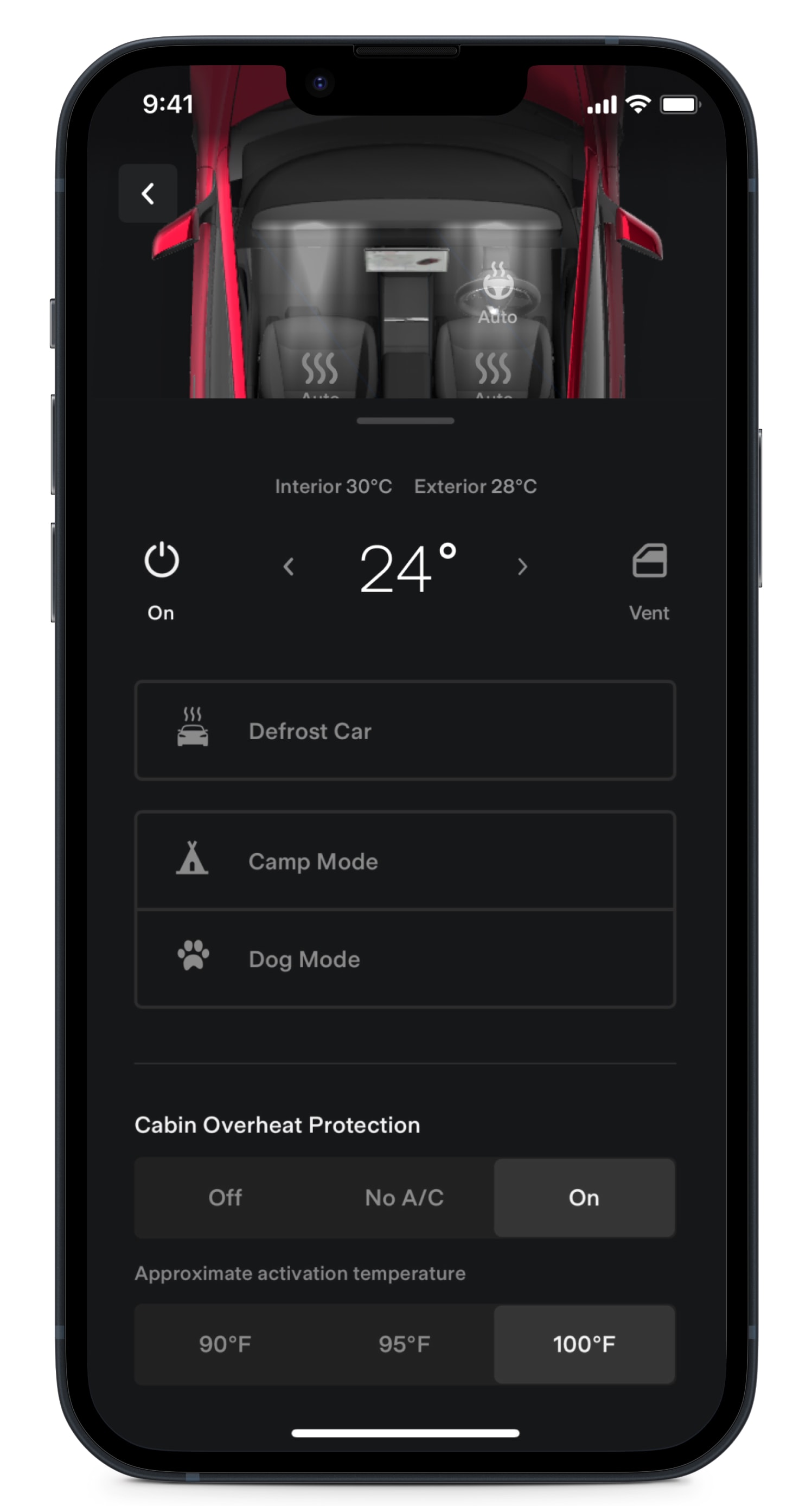 キャビンの空調調節を表示したTesla アプリの画面。 