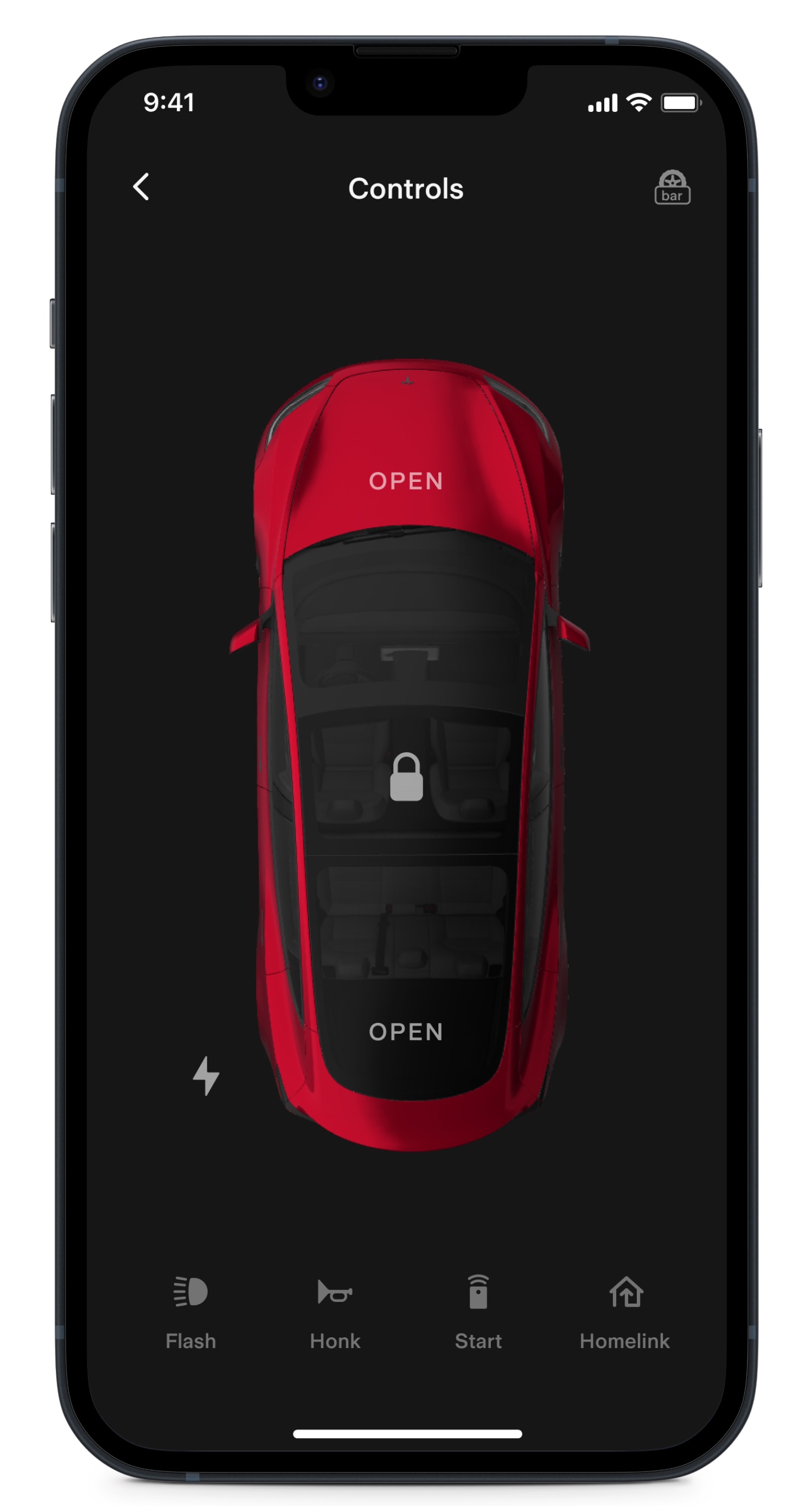 Ecrã da aplicação Tesla com controlos do veículo. 