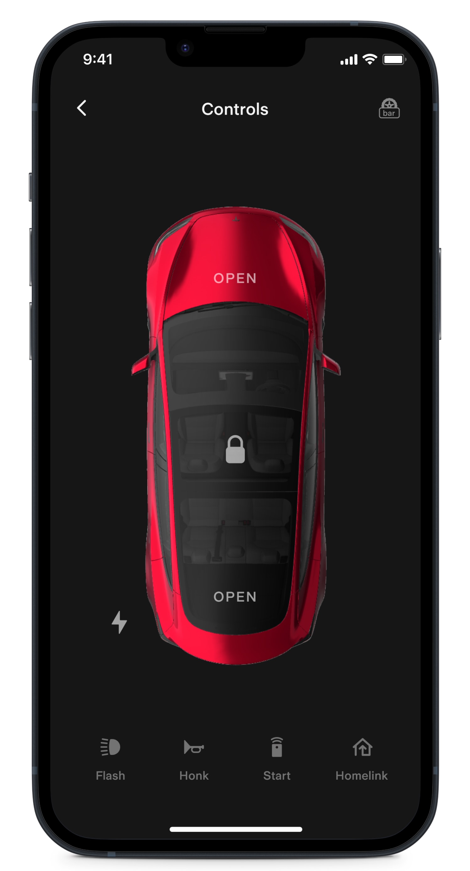 หน้าจอแอป Tesla กำลังแสดงการควบคุมรถ 