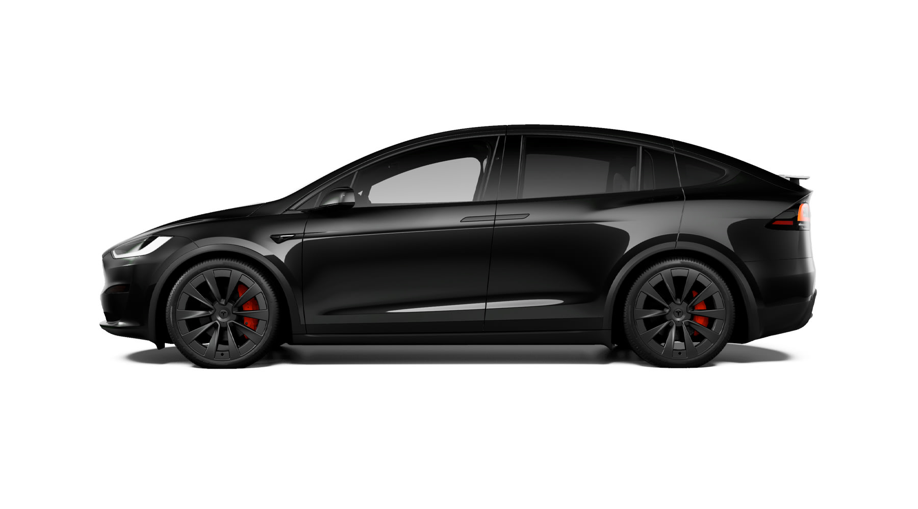 Zijaanzicht van een geparkeerde Model X Plaid in de kleur Solid Black