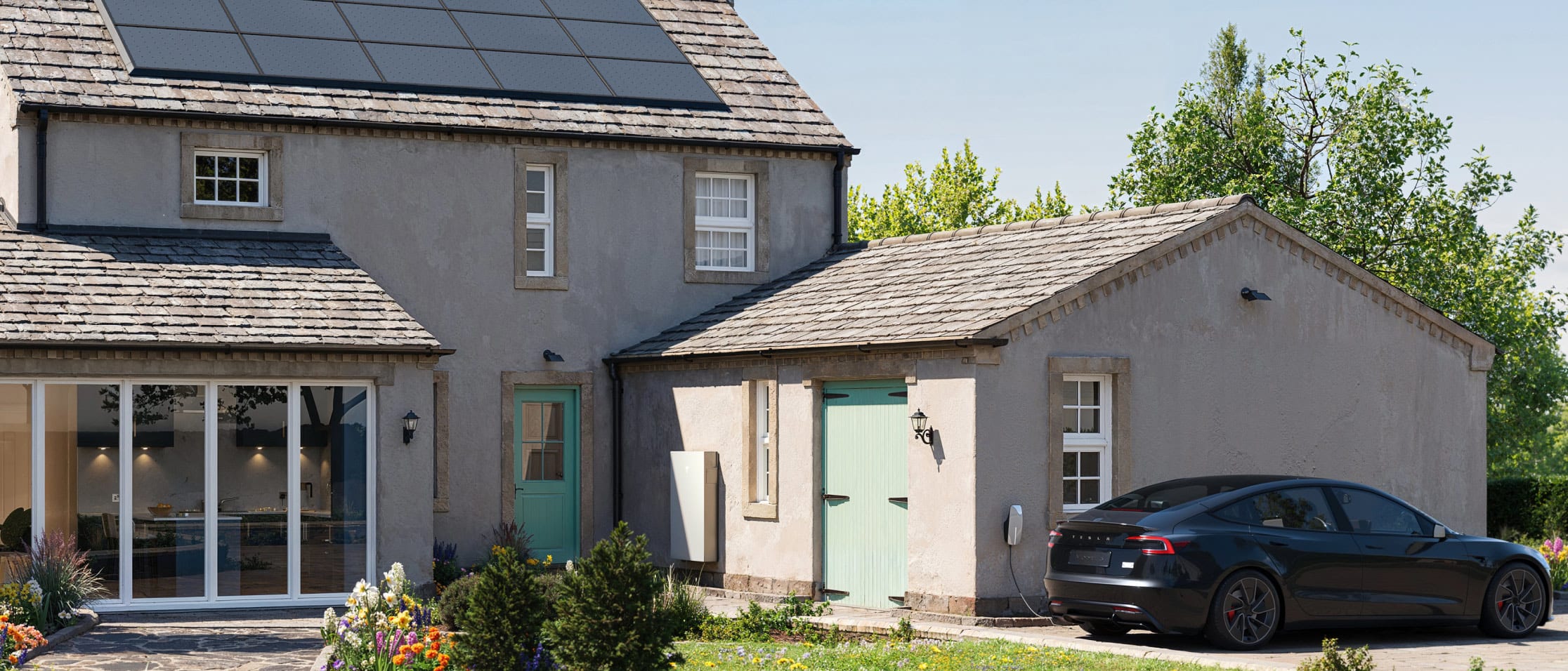 Modern home With Solar Panels and red Model S parked outside