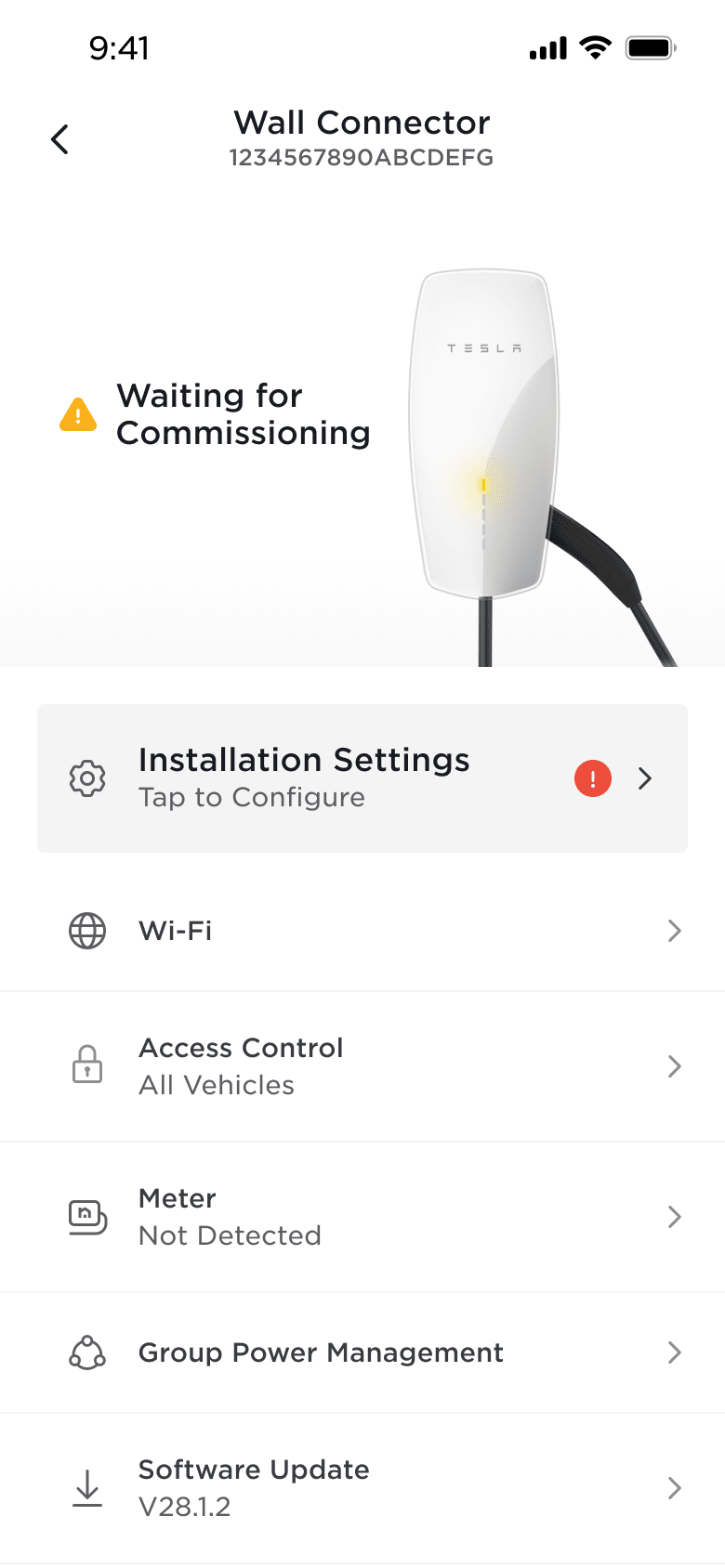 Tesla app screen showing installation setting for Wall Connector