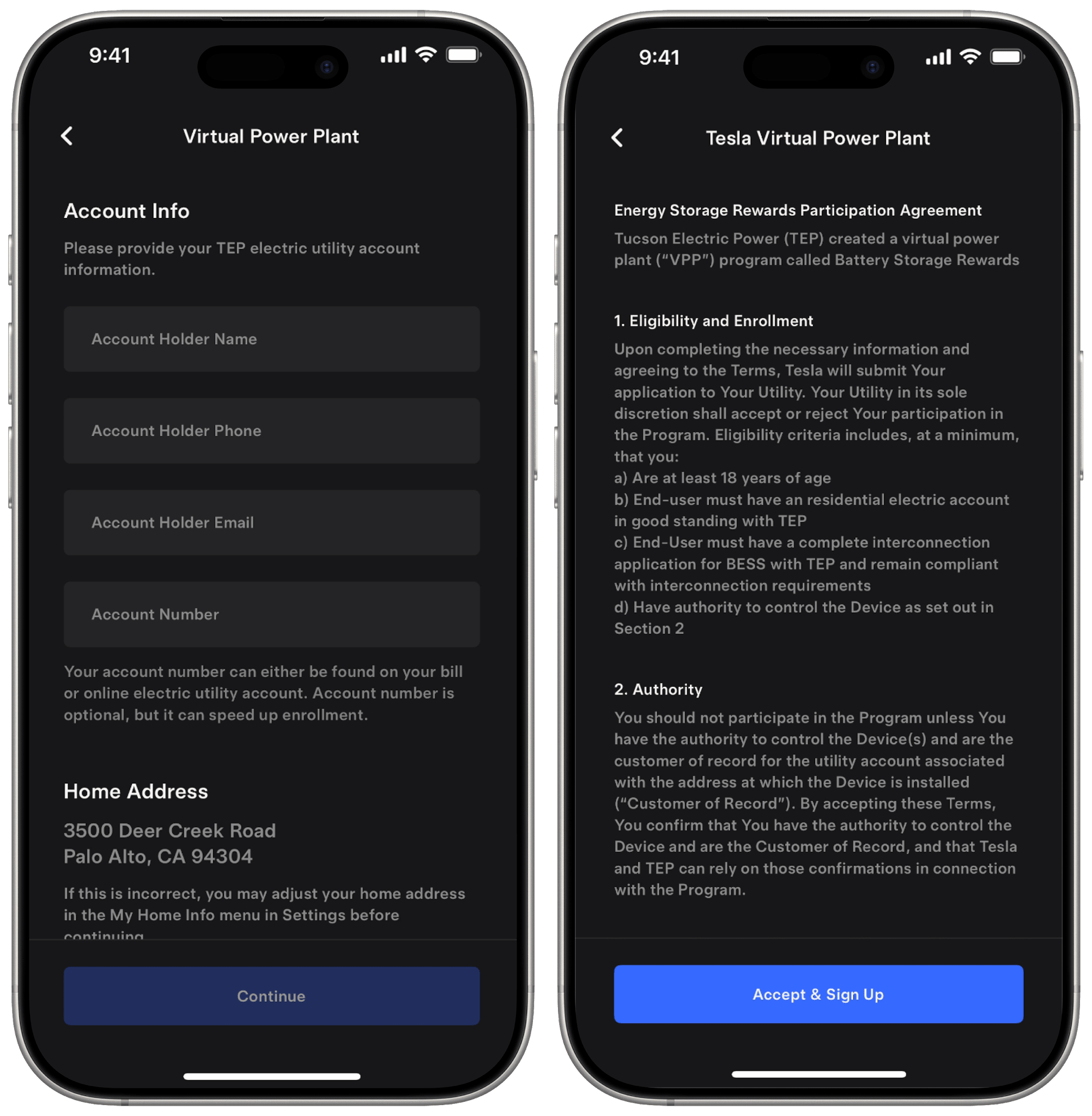 TEP VPP application process in the Tesla app