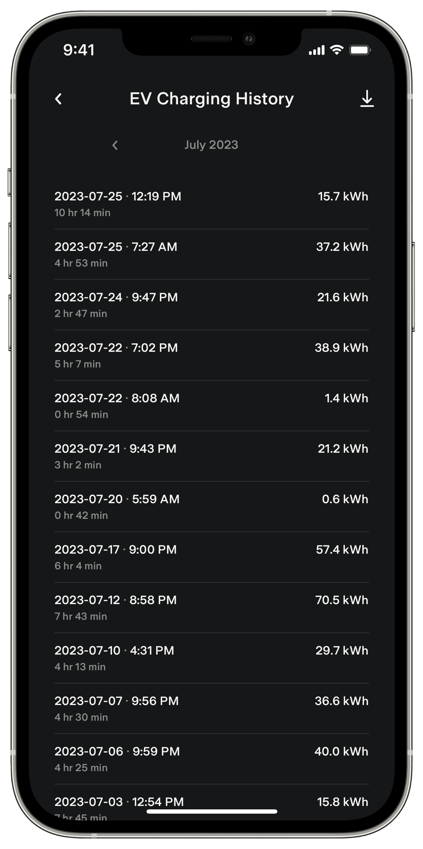 Tesla app displaying the 'EV Charging History' screen that lists several past charging sessions