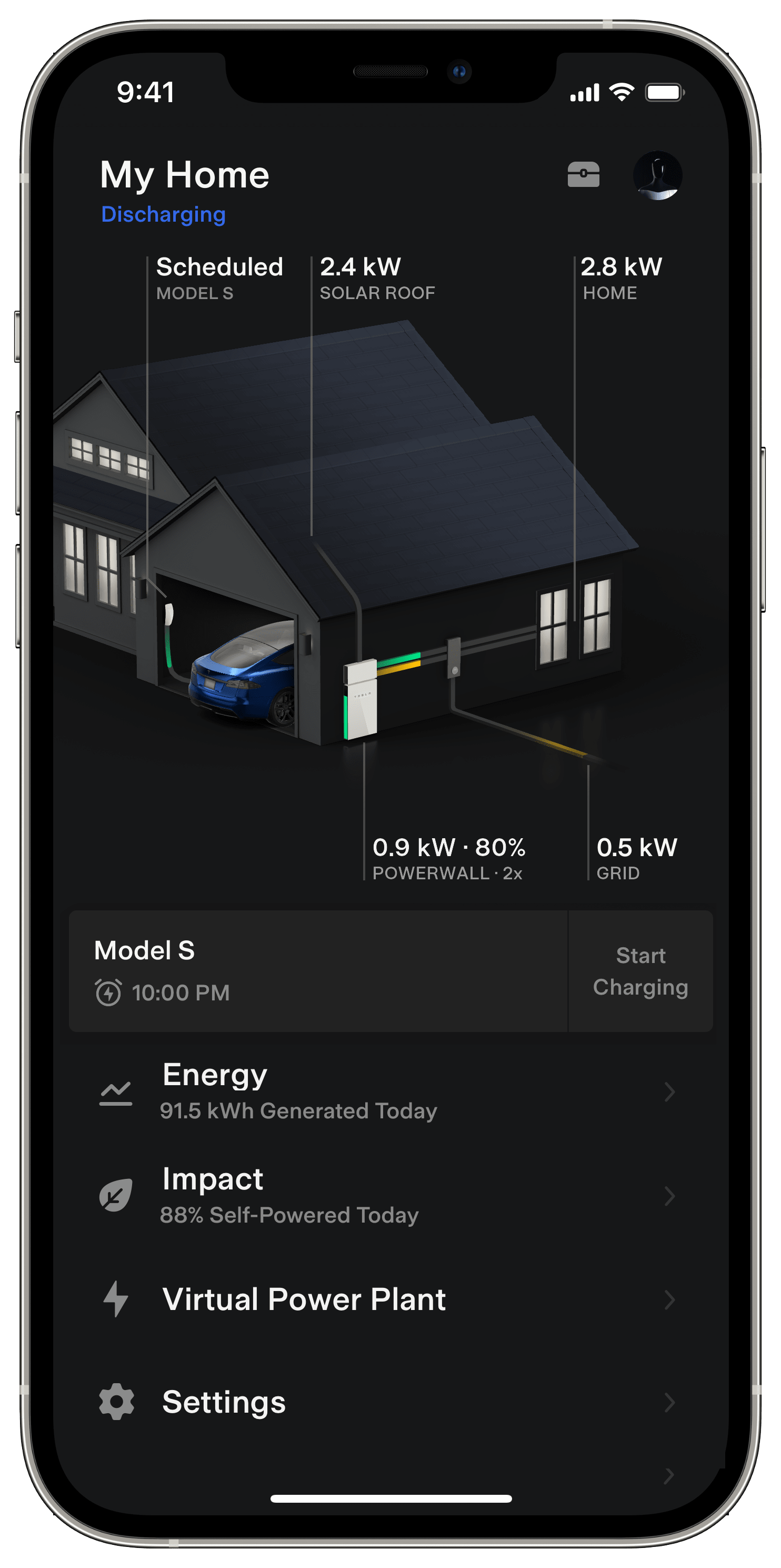 Tesla app displaying the 'Home' screen that shows several Tesla products