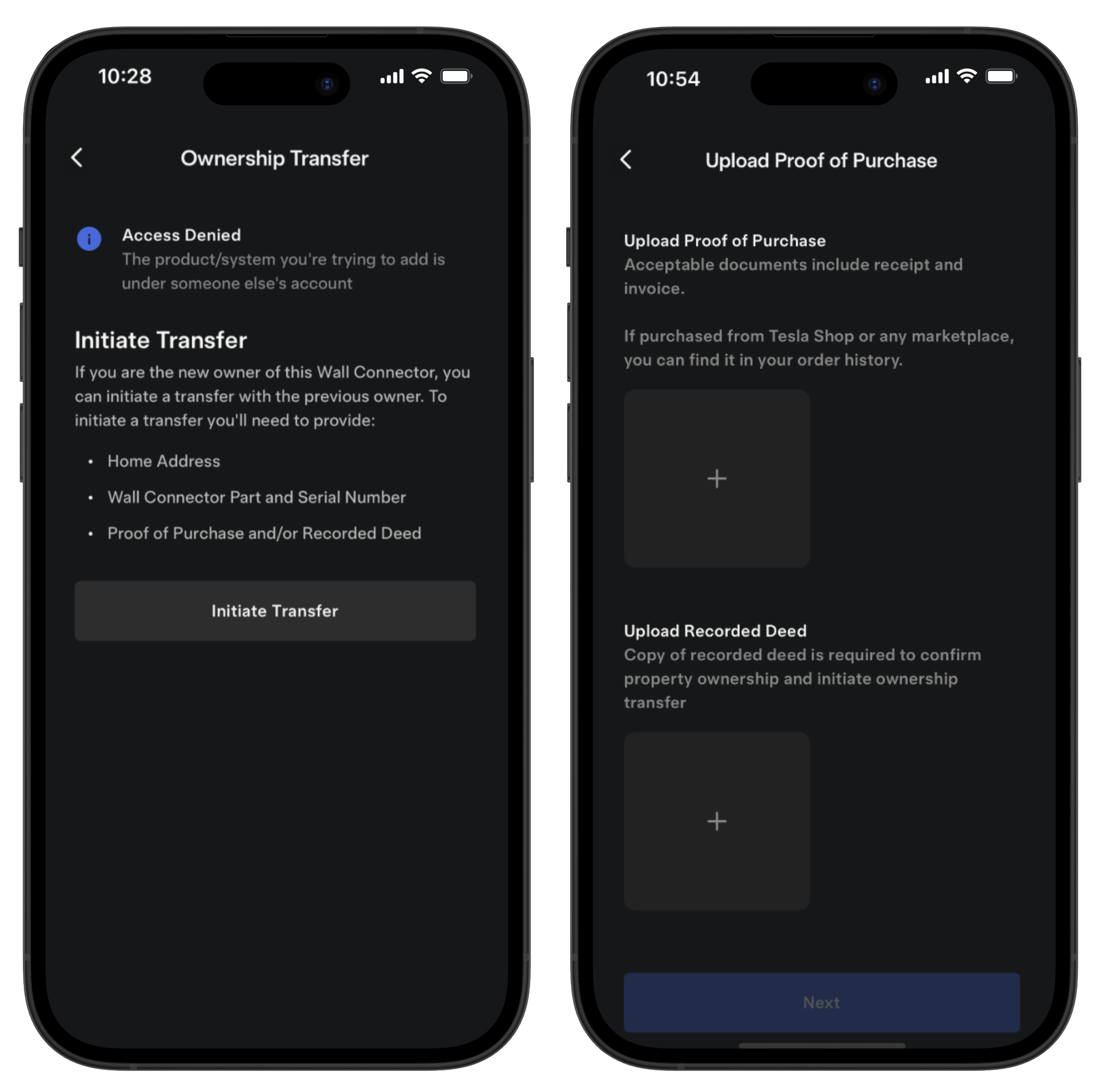 Zaslon za prenos lastništva in nalaganje dokazila o nakupu v Tesla aplikaciji
