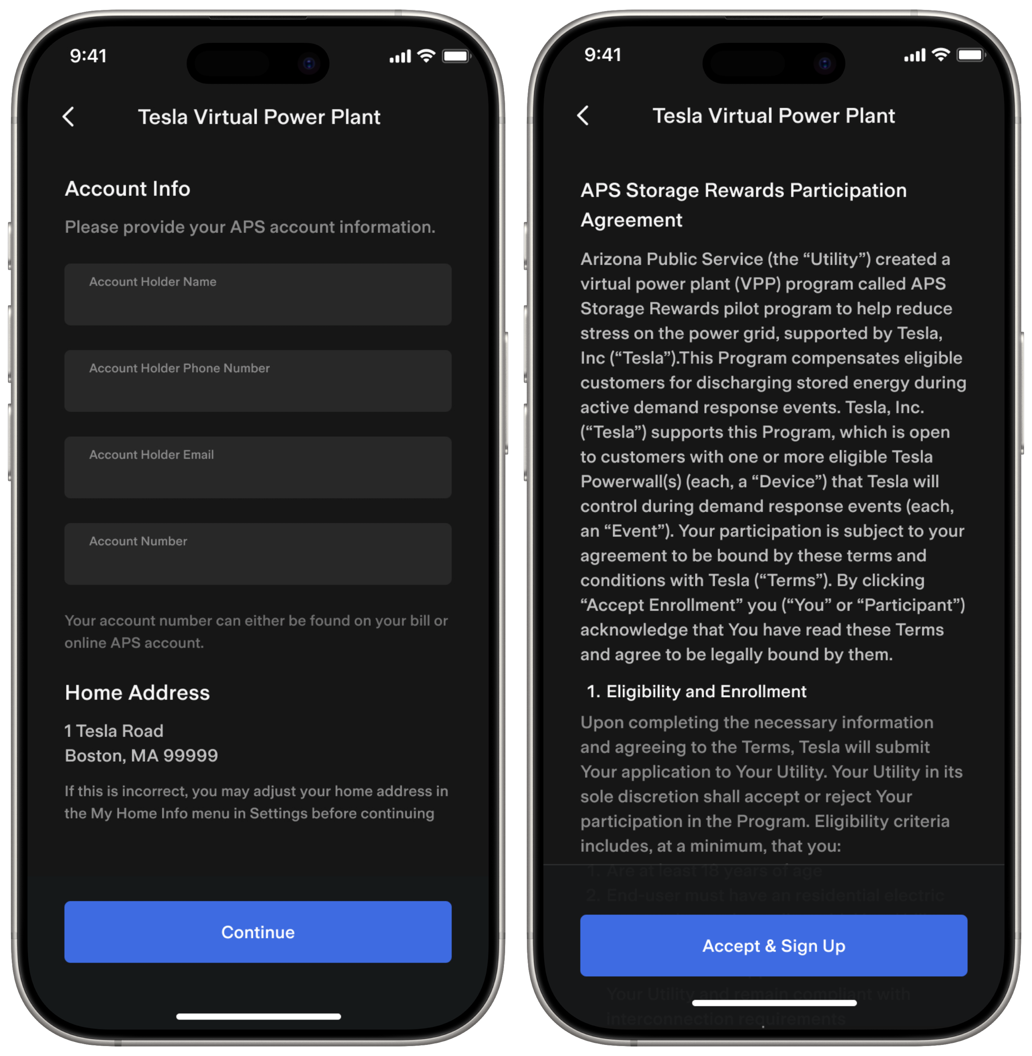 Two phones showing APS VPP sign up and terms screens