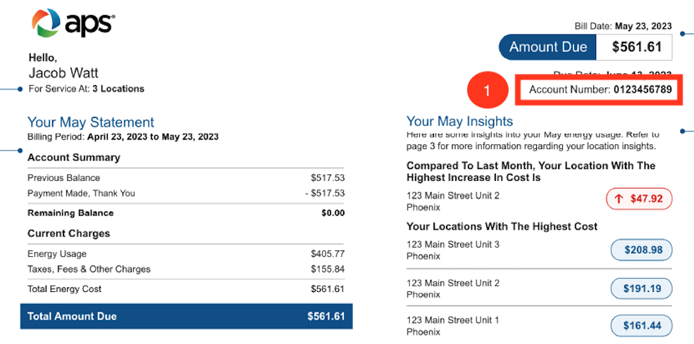Example of APS energy bill with account number