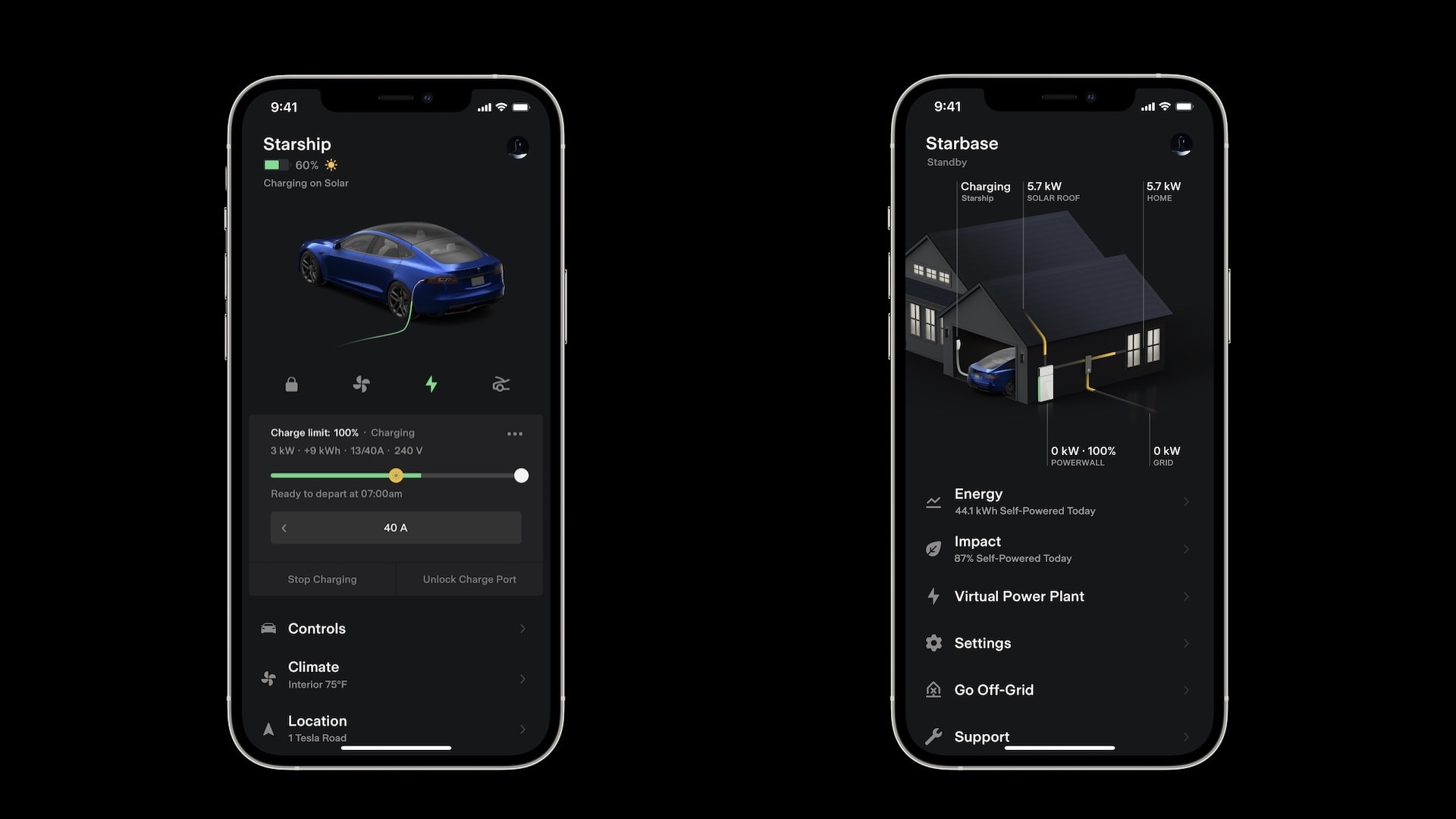 Tesla app vehicle and Tesla Home screens with Charge on Solar