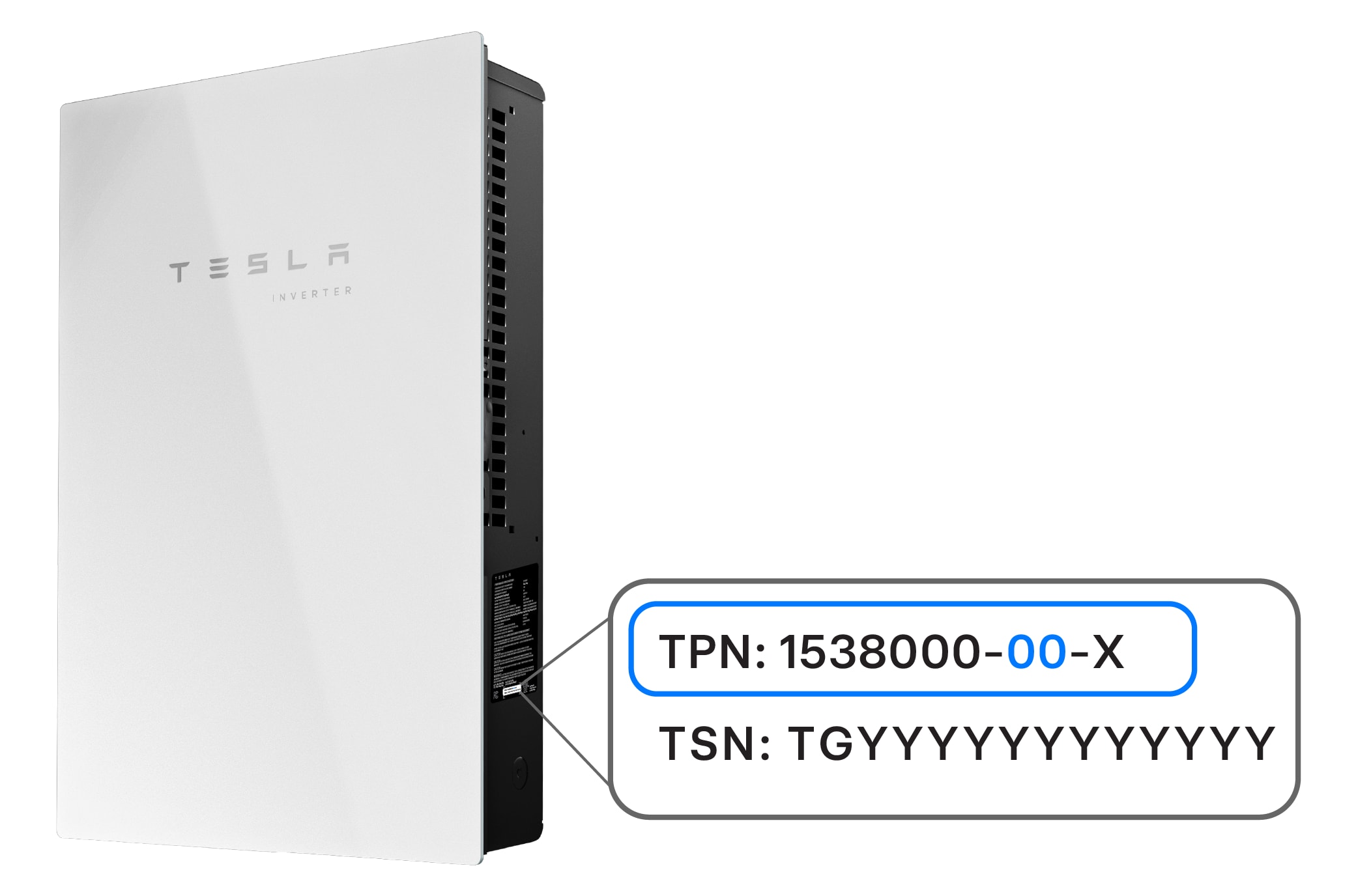 Label of where to find the part number on a Tesla Solar Inverter