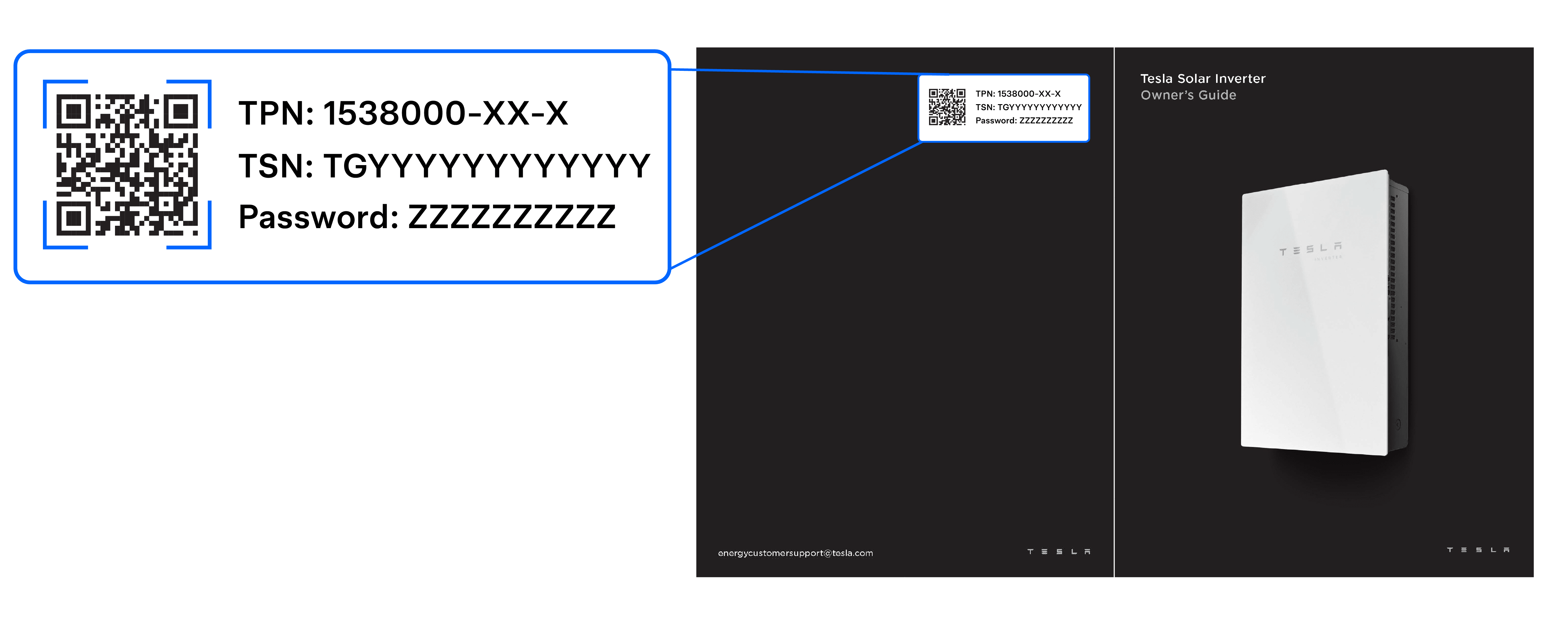 Label of where to find the QR code on a Tesla Solar Inverter