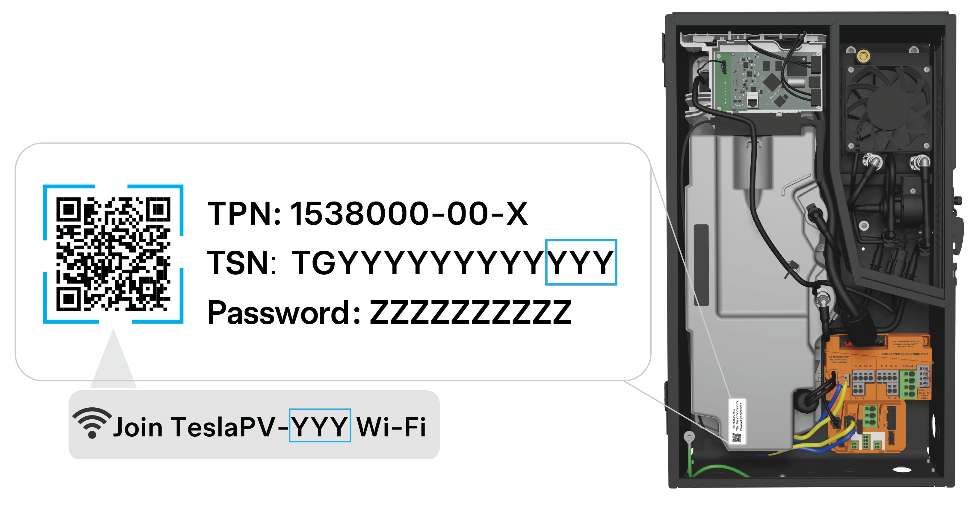 Label of where to find the QR code behind the glass door on a Tesla Solar Inverter