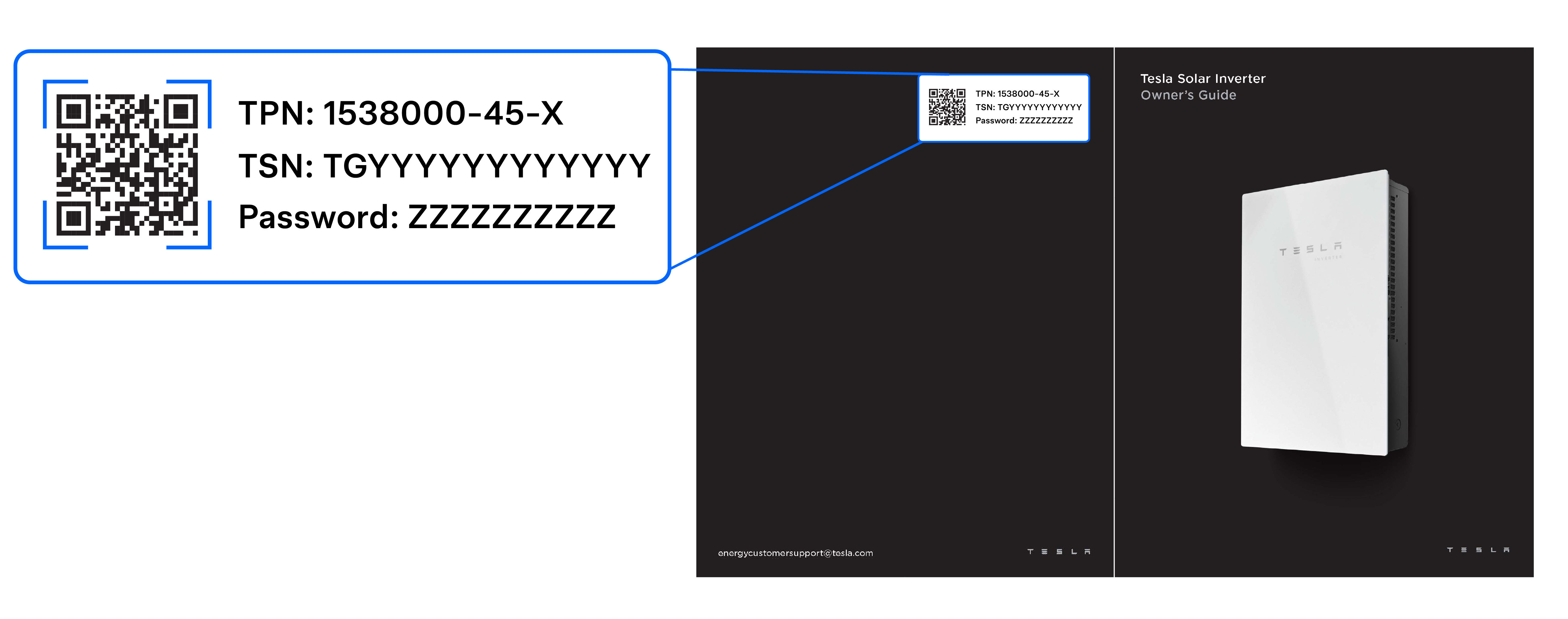 Label of where to find the QR code on a Tesla Solar Inverter with site controller