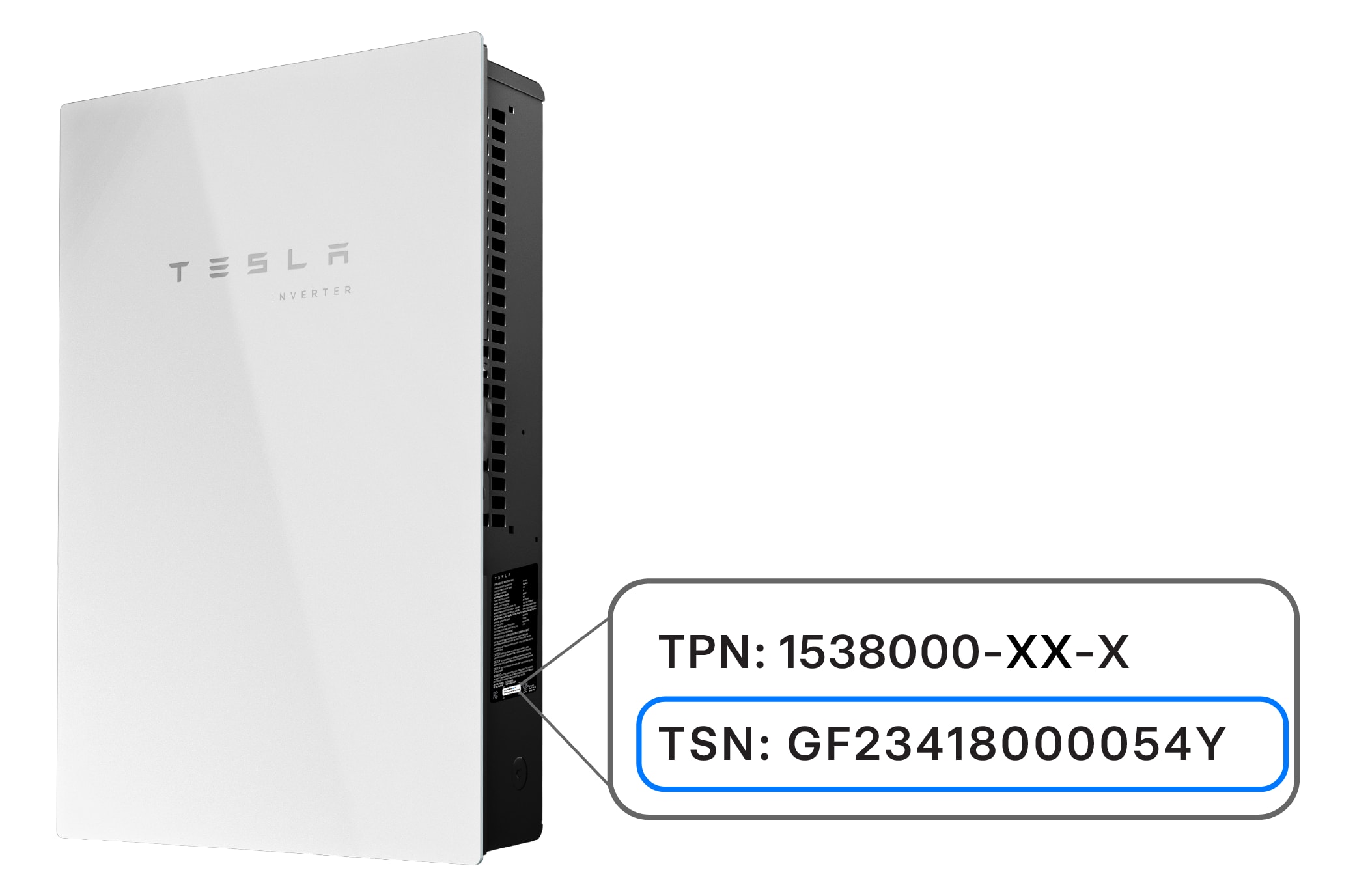 Label of where to find the serial number of a Tesla Solar Inverter with site controller