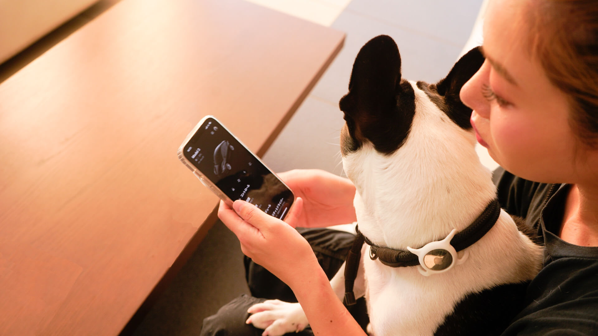 Tesla owner using Tesla app with her dog on her knees