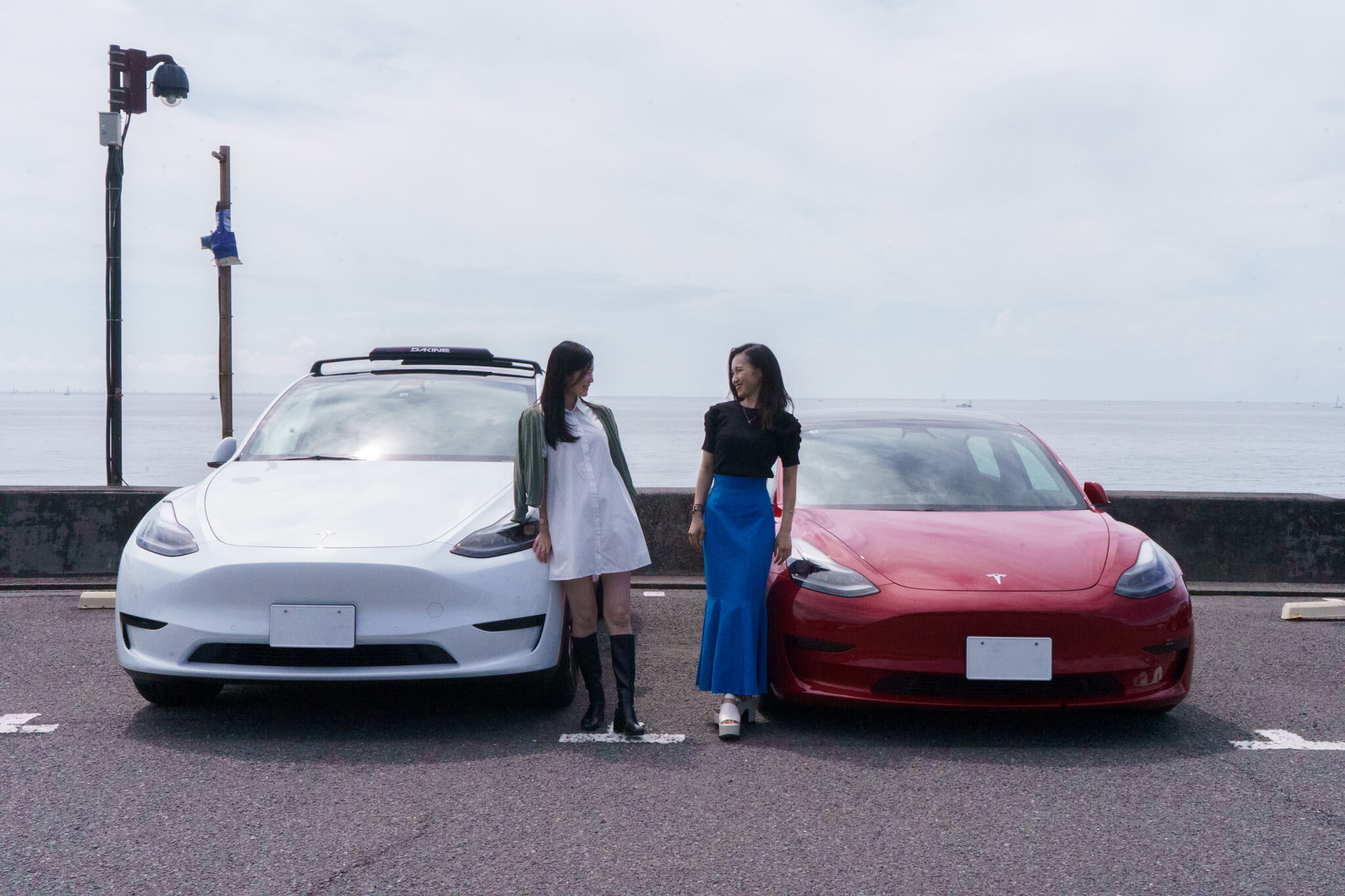 海沿いの駐車場で、白のModel Yと赤のModel 3の横に立ち、お互いに微笑みあっている二人のTesla女性オーナー。 