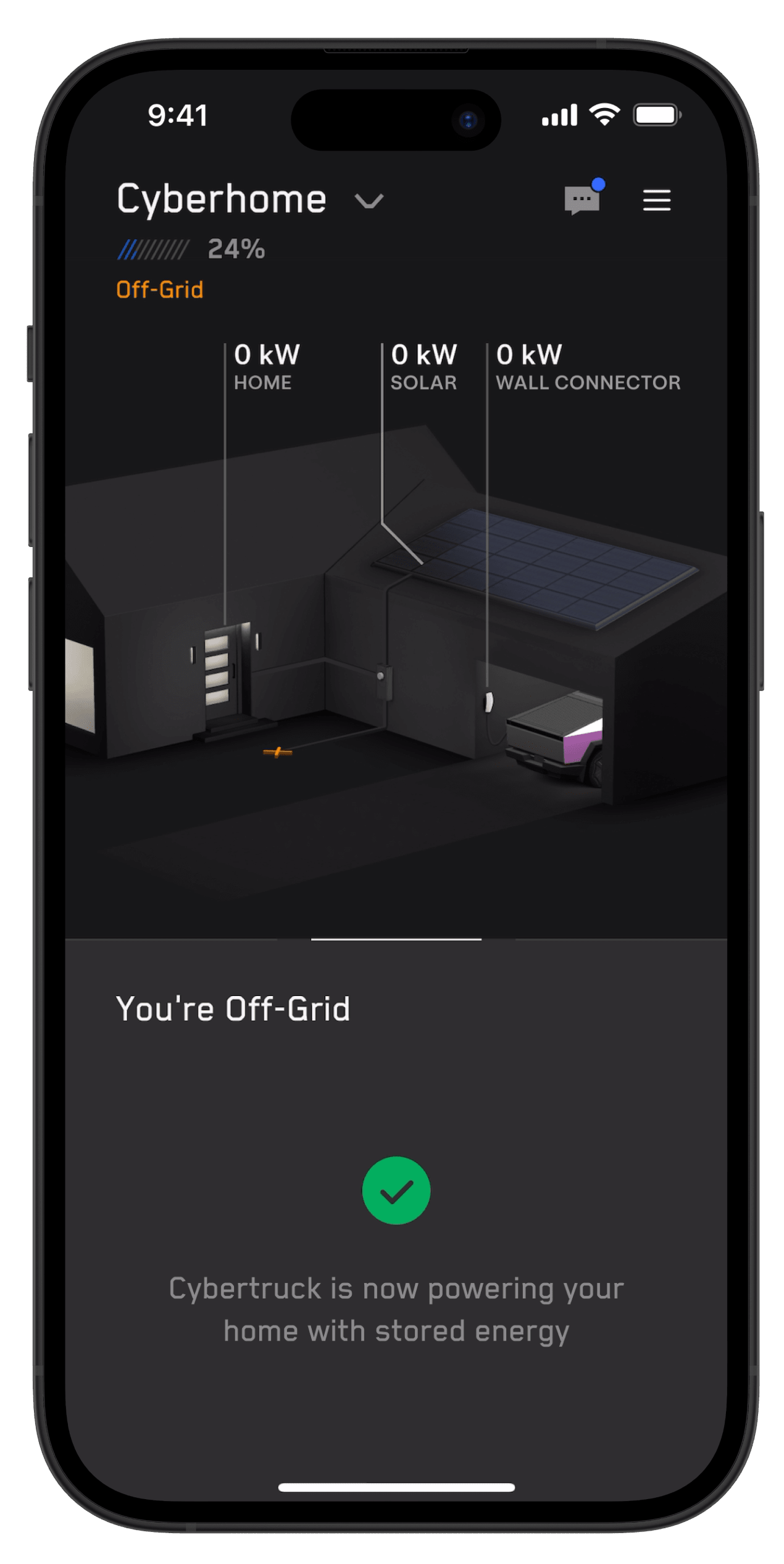 Tesla app screen with Cybertruck is now powering your home message