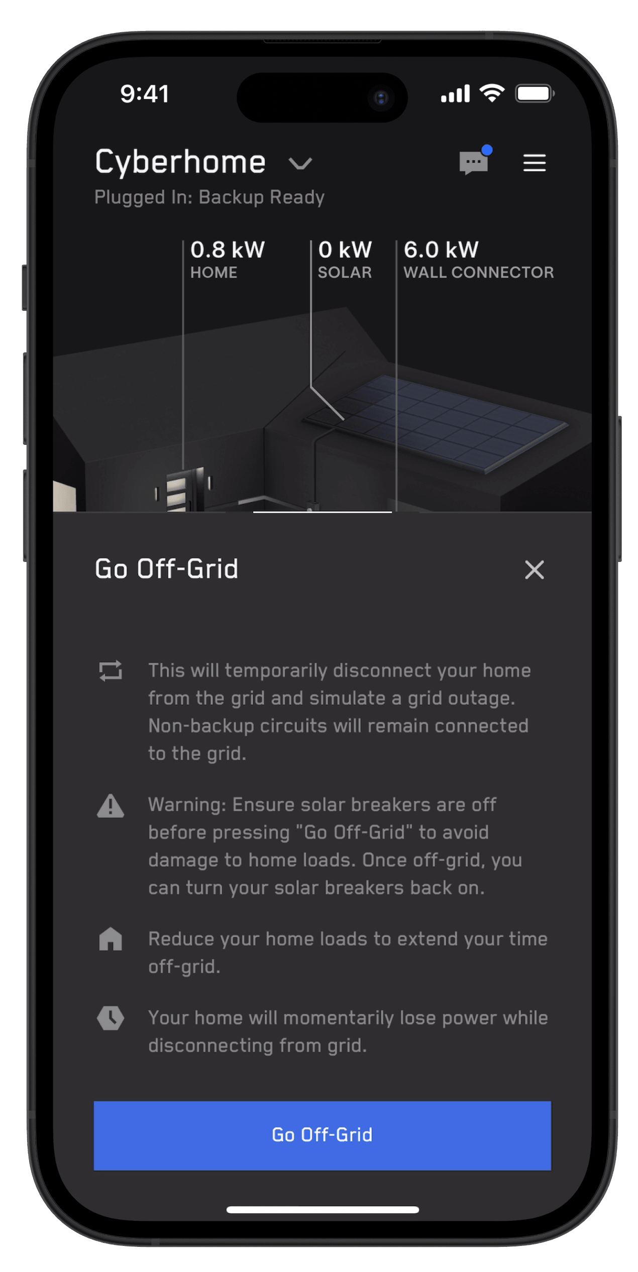 Tesla app screen with warning message