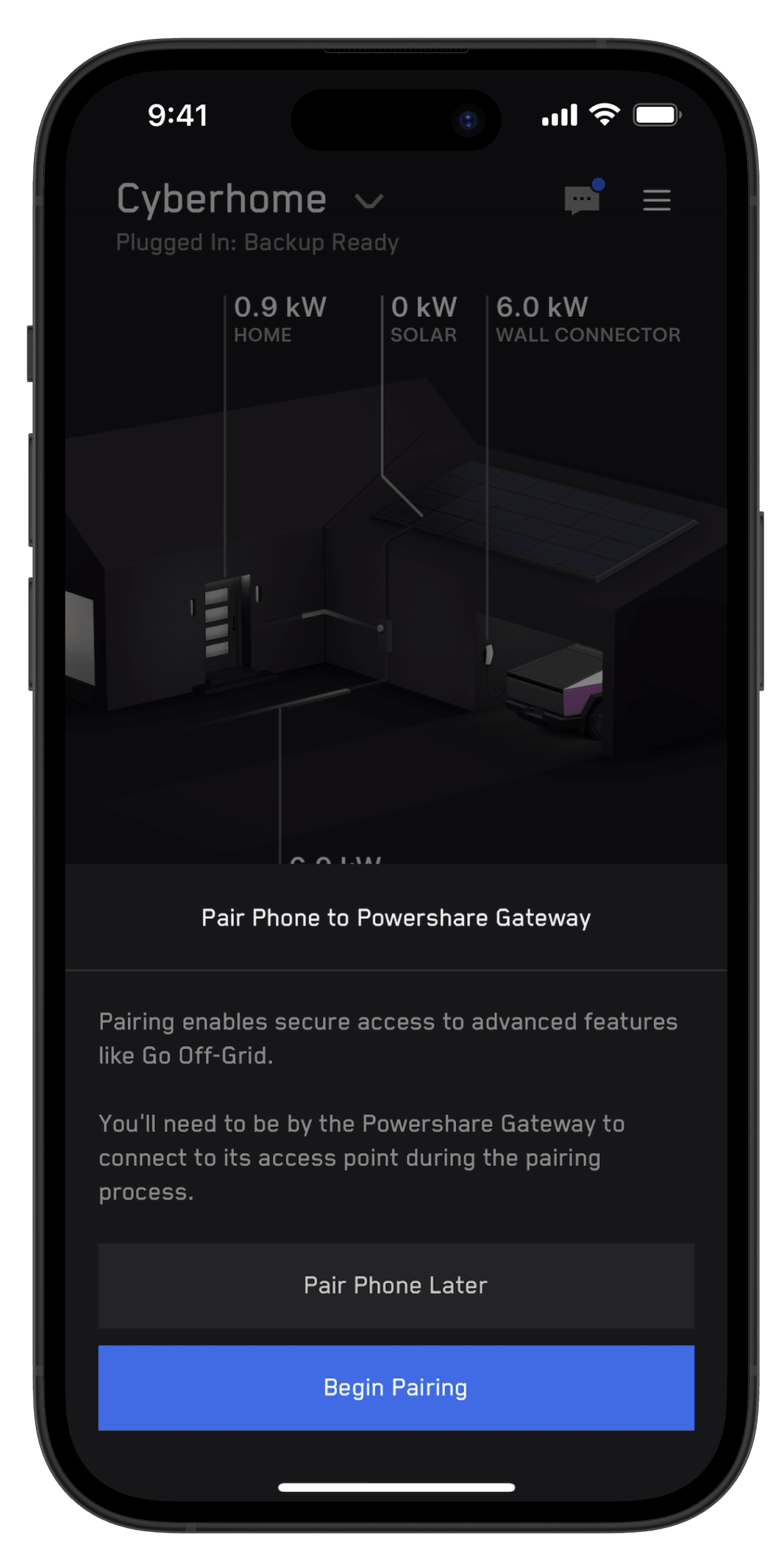 Tesla app screen for enabling go off-grid