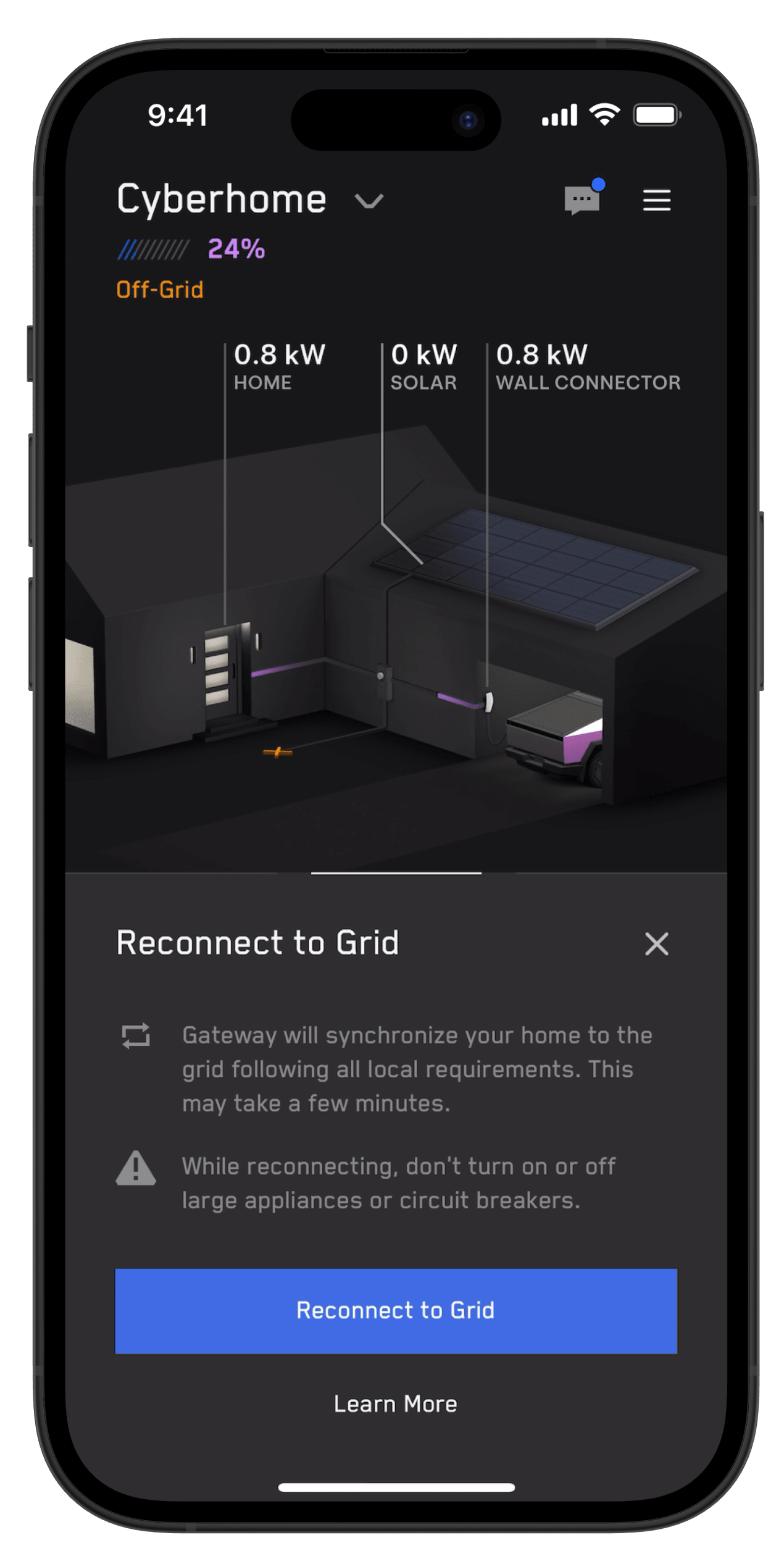 Tesla app screen for enabling go off-grid