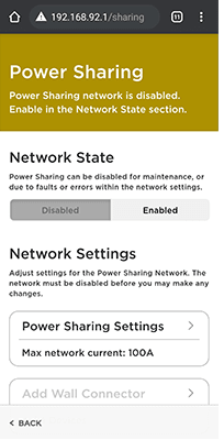 Capture d’écran mobile de l’état du réseau désactivé avec le partage de puissance