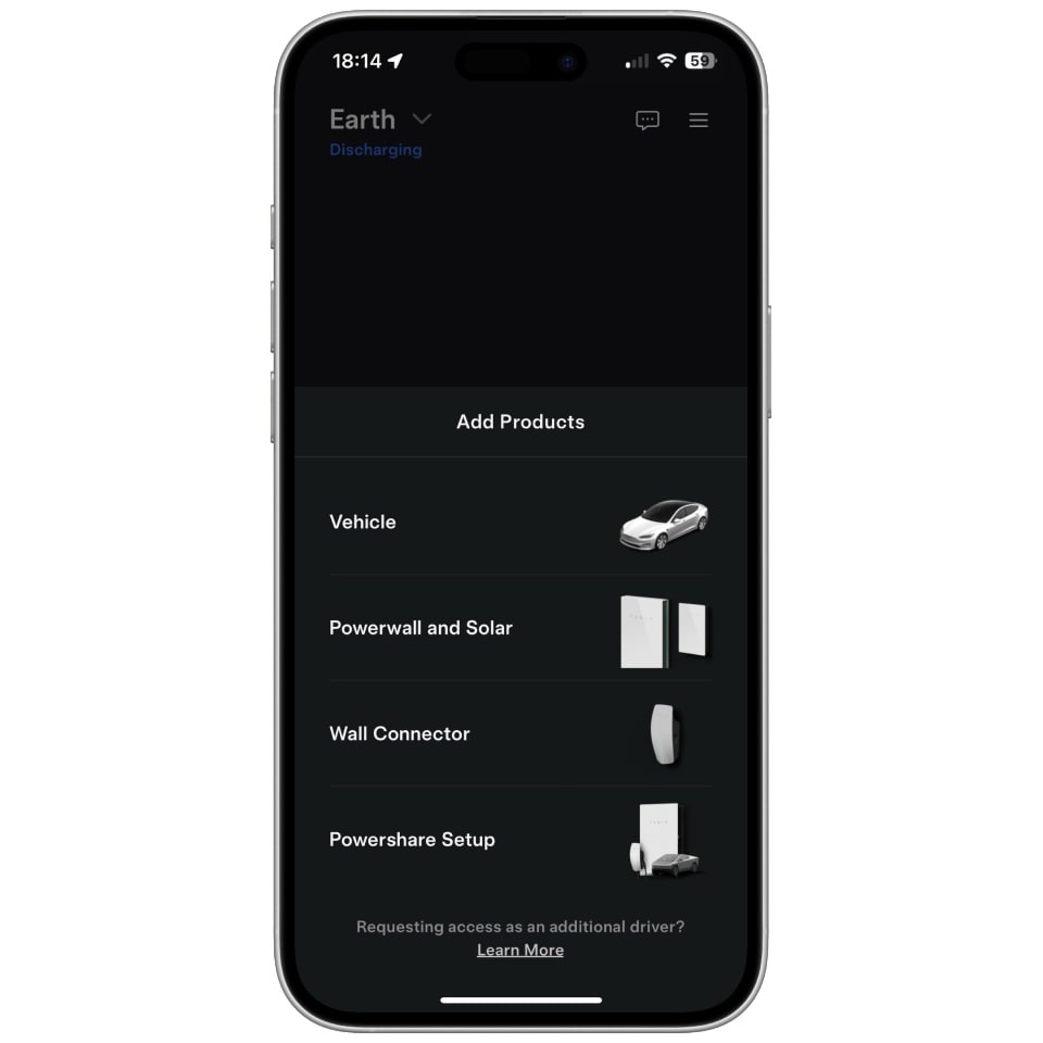 Aplicación de Tesla mostrando una pantalla para agregar productos