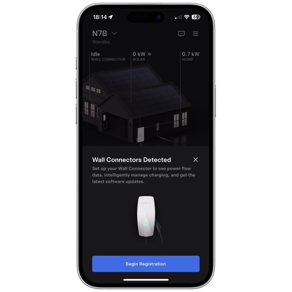 Aplicación de Tesla mostrando en la pantalla que se ha detectado el Wall Connector