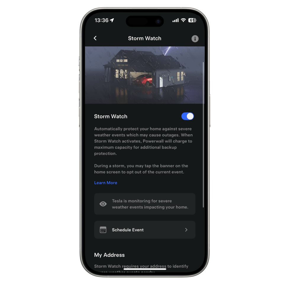 Tesla app screen showing Storm Watch enabled