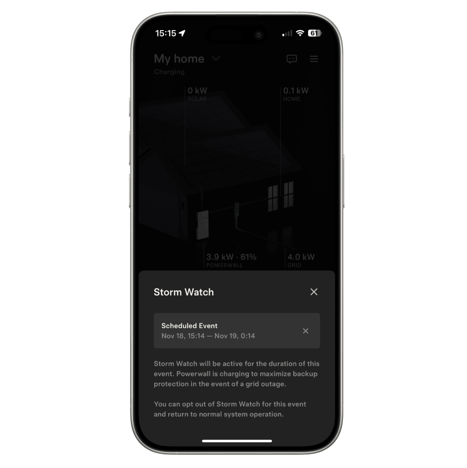 Tesla app screen showing Storm Watch red flag warning and schedule event