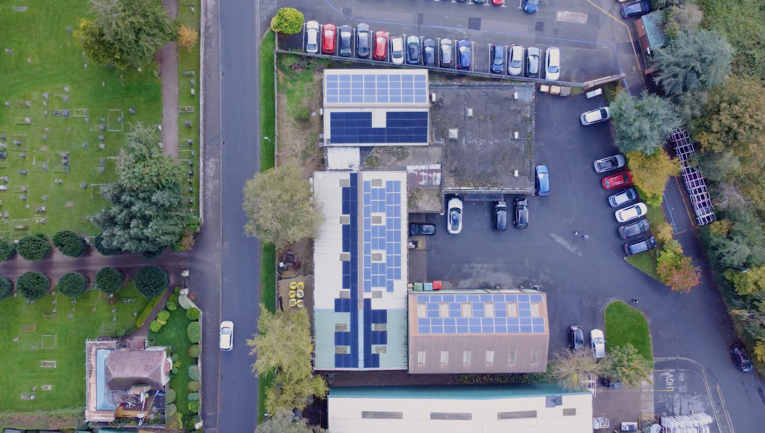 Aerial shot of building with solar panels
