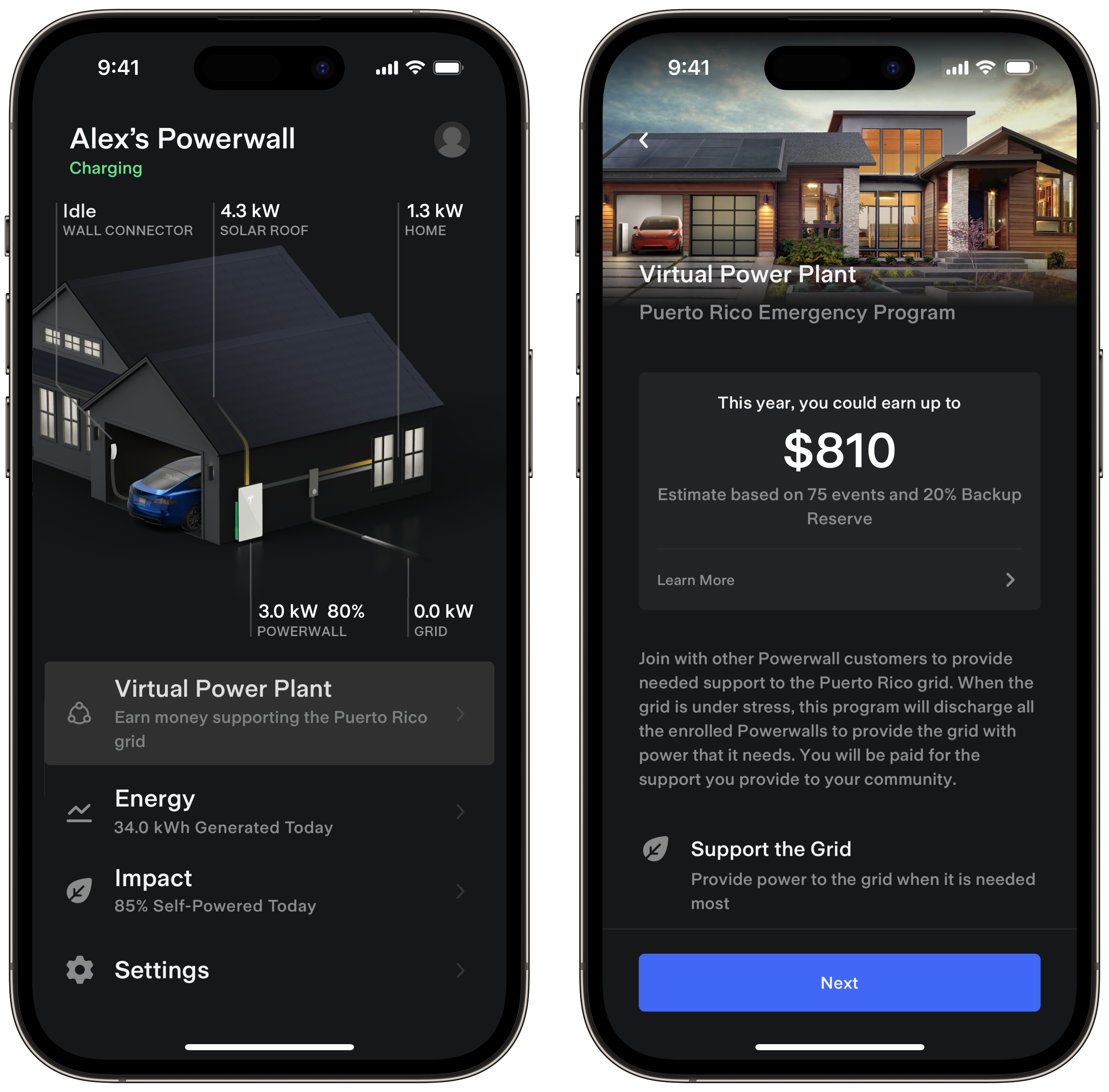 Tesla app home screen with entry point to Puerto Rico Virtual Power Plant