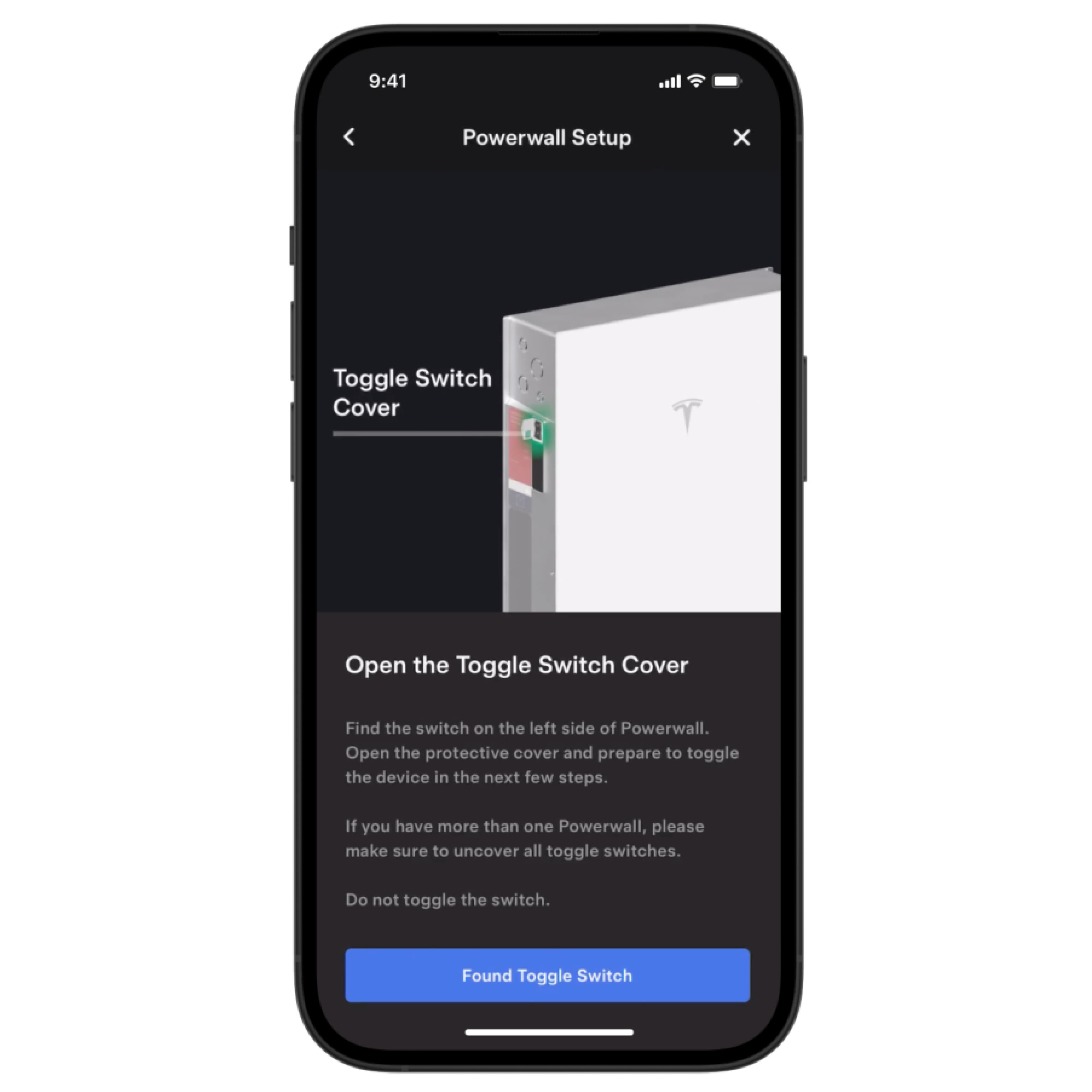 Pantalla de la aplicación de Tesla que muestra cómo abrir la cubierta de los interruptores
