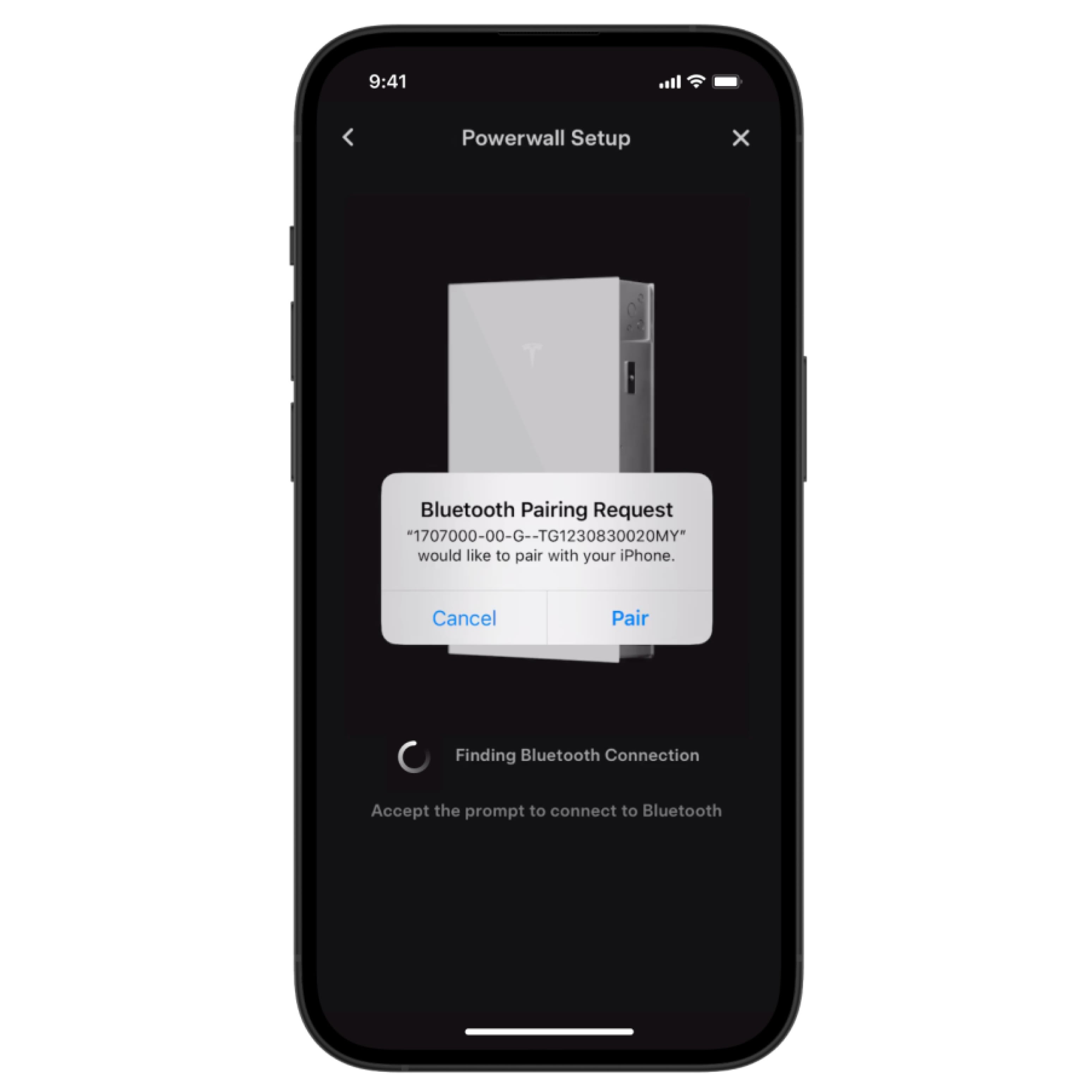 Pantalla de la aplicación de Tesla que muestra una solicitud de conexión por Bluetooth