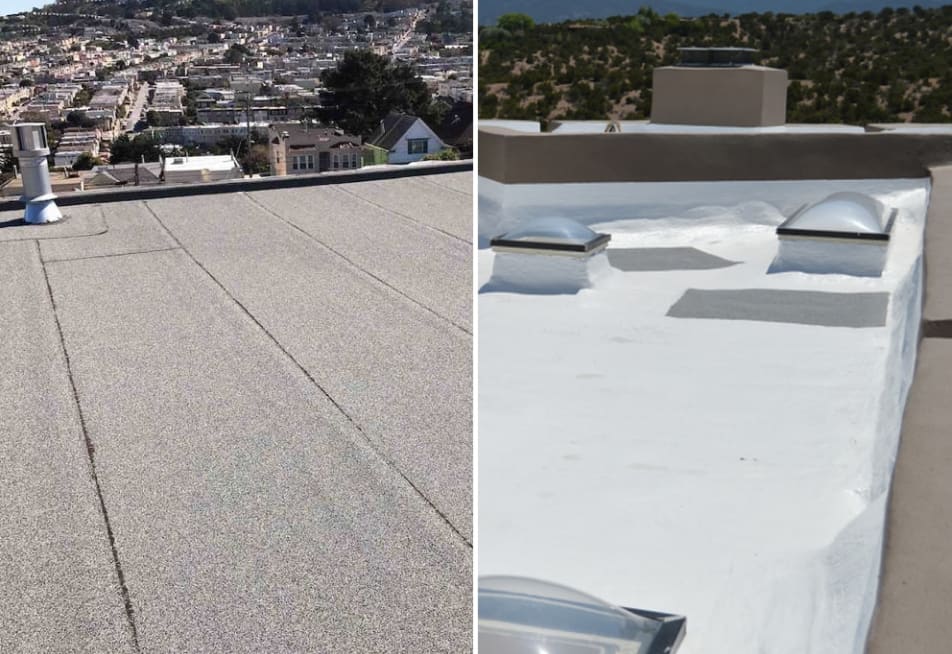 Flat roof of rolled asphalt, torchdown or foam