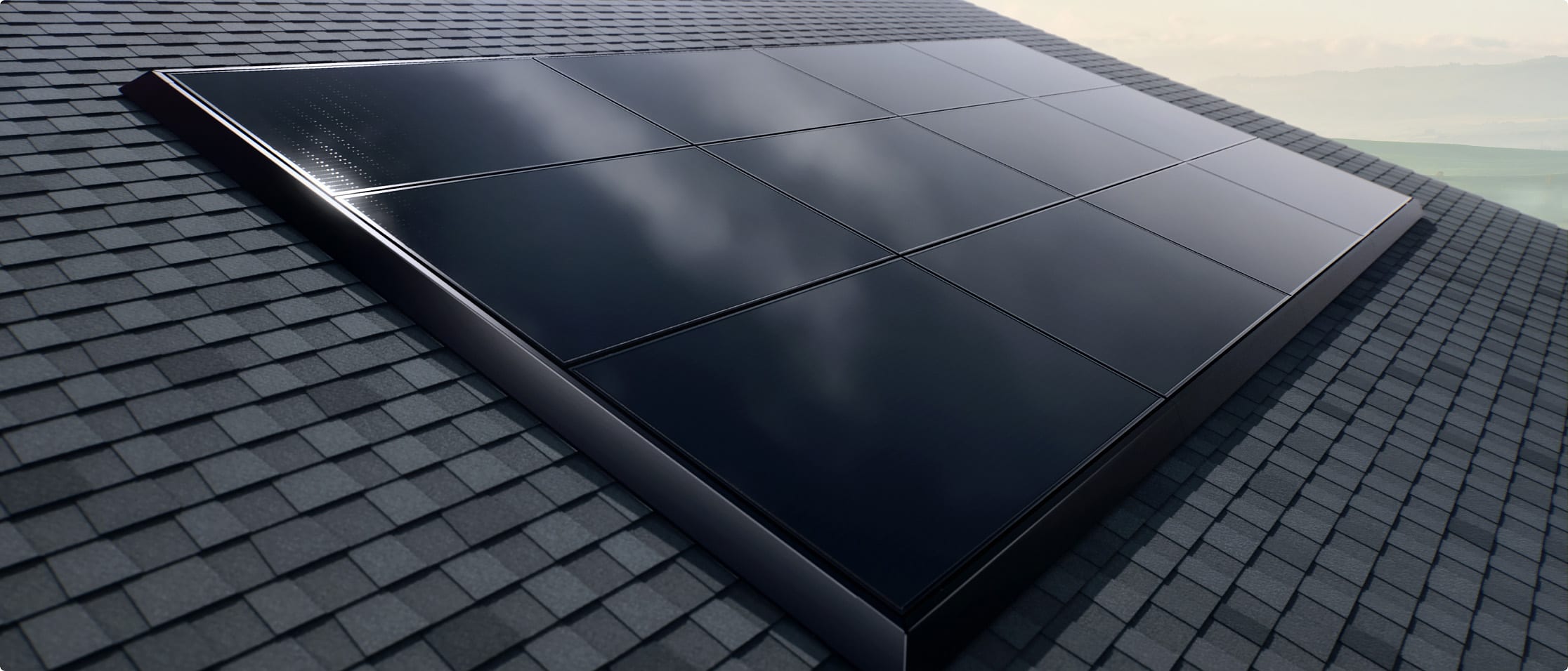 Wide side view of solar panels on roof