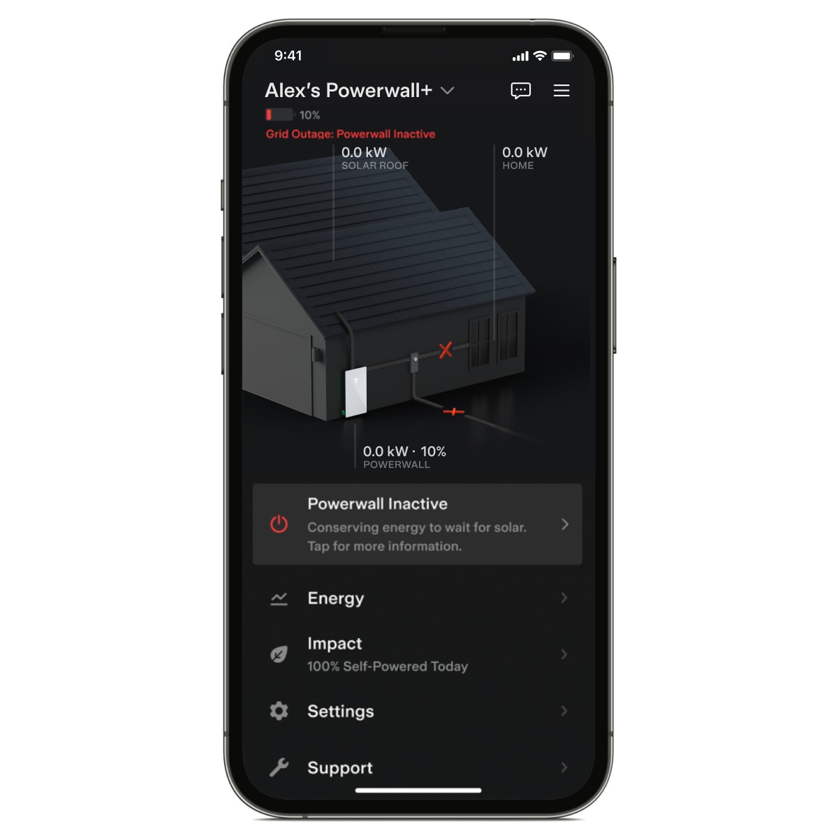 Tesla App Home View with Powerwall Inactive