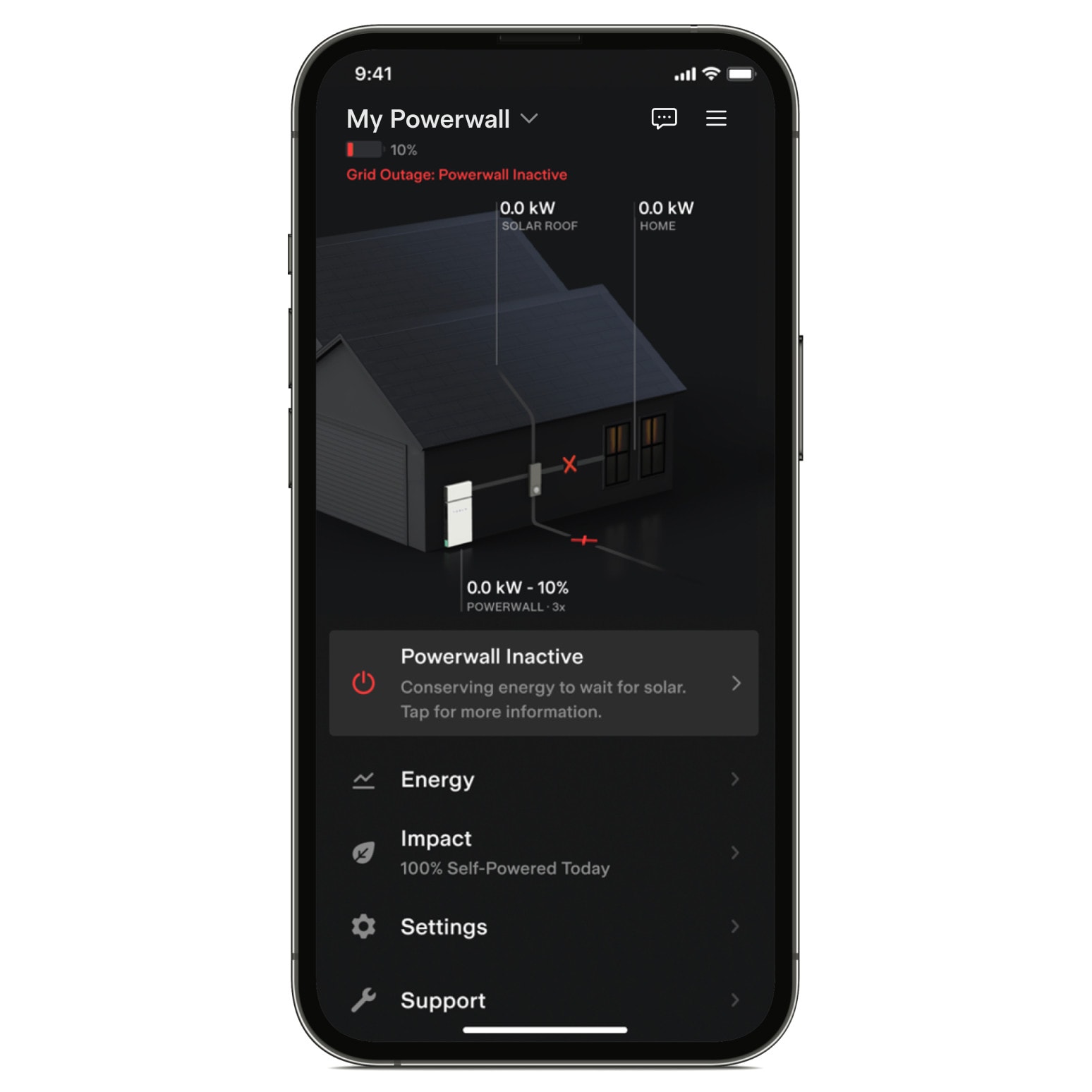 Tesla App Home View with Powerwall Inactive